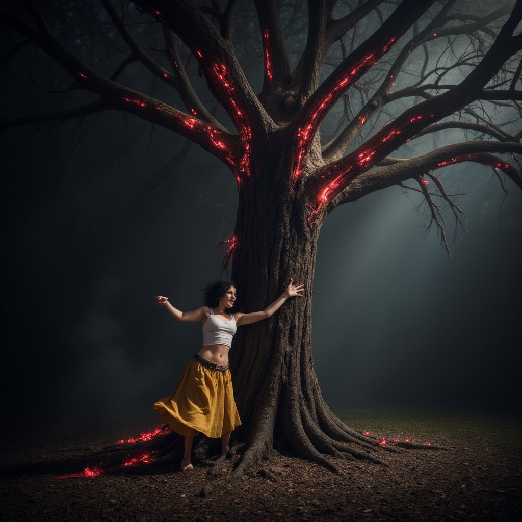 A dark and eerie scene of a woman being ensnared by a sinister, twisted tree with long, gnarled roots that seem alive. The woman, wearing a white top and a flowing yellow skirt, struggles as the tree's demonic roots coil around her body, lifting her off the ground. The tree’s bark is blackened and cracked, with glowing red veins pulsing through its trunk, giving it an ominous, supernatural presence. The woman’s expression is one of fear and defiance as she fights against the tightening grip of the roots. The surrounding forest is dark and shadowy, with mist swirling around, enhancing the terrifying atmosphere of the devilish tree’s lair.