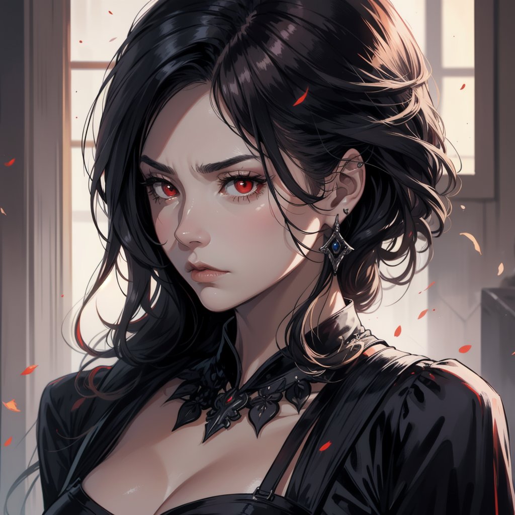 Prompt: serious face, mature lady, red eyes