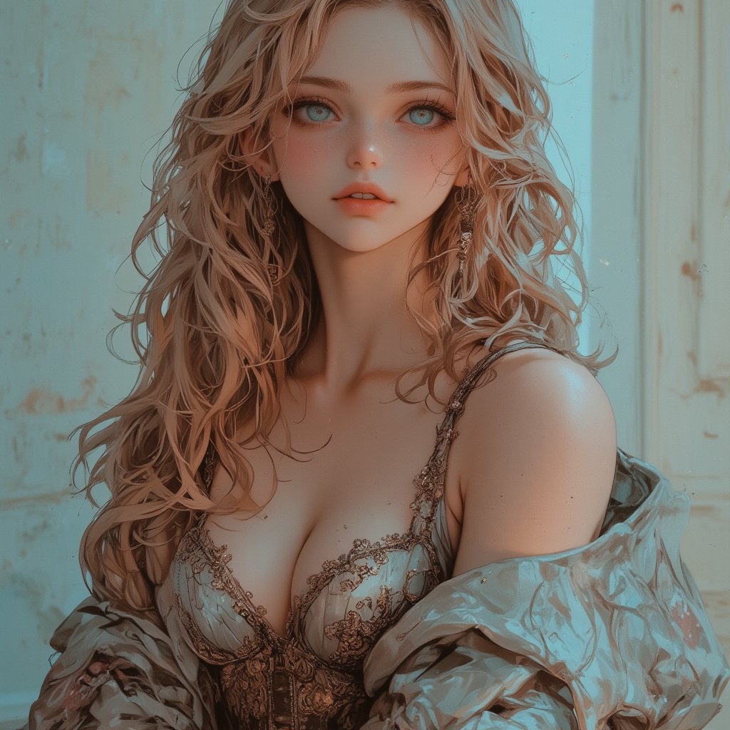  1 girl, Beautiful and elegant, deep blue, smooth face, slim face, European face, long hair, curly hair, blonde hair, Wearing a party gown, Mature Woman, Age 25, Cruel smile, Calm, voluptuous figure, Pale complexion, looking to the viewer, full head, figure visible up to the waist, blue eyes