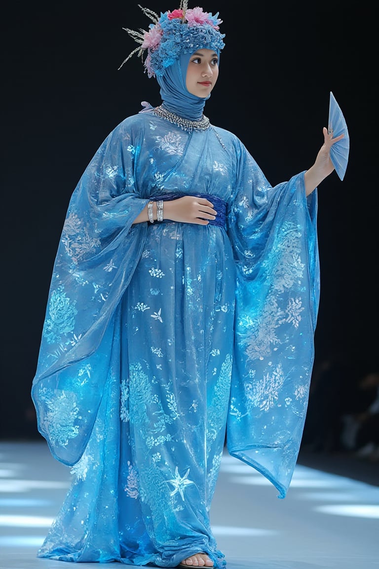 A futuristic fashion runway concept with a beautiful adelliahalim in the center. She is wearing a wearing very long blue hijab and traditional Japanese kimono witha futuristic twist. The kimono is made of translucent, glowing fabric and features wide, flowing sleeves, an elegantly tied obi sash, and a floor-length skirt. The garment is intricately embedded with LED patterns that showcase traditional Japanese motifs such as cherry blossoms, waves, cranes, and bamboo. The dress also has an ethereal, complex asymmetric blue pattern that glows and projects across the entire outfit. She has platinum long hijab styled and an intricate braided hijab style featuring a diamond pattern and multiple small braids. She is adorned with a large, gorgeous choker, and a floral headdress featuring an abundance of flowers in various colors. In her hand, she holds a traditional Japanese fan,kimonoFT,noc-futuristic,