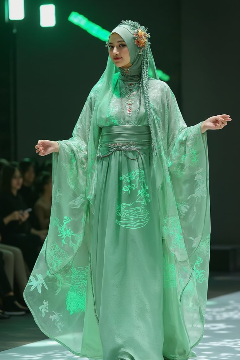 A futuristic fashion runway concept with a beautiful adelliahalim in the center. She is wearing a wearing very long green hijab and traditional Japanese kimono witha futuristic twist. The kimono is made of translucent, glowing fabric and features wide, flowing sleeves, an elegantly tied obi sash, and a floor-length skirt. The garment is intricately embedded with LED patterns that showcase traditional Japanese motifs such as cherry blossoms, waves, cranes, and bamboo. The dress also has an ethereal, complex asymmetric green pattern that glows and projects across the entire outfit. She has platinum long hijab styled and an intricate braided hijab style featuring a diamond pattern and multiple small braids. She is adorned with a large, gorgeous choker, and a floral headdress featuring an abundance of flowers in various colors. In her hand, she holds a traditional Japanese fan,kimonoFT,noc-futuristic,