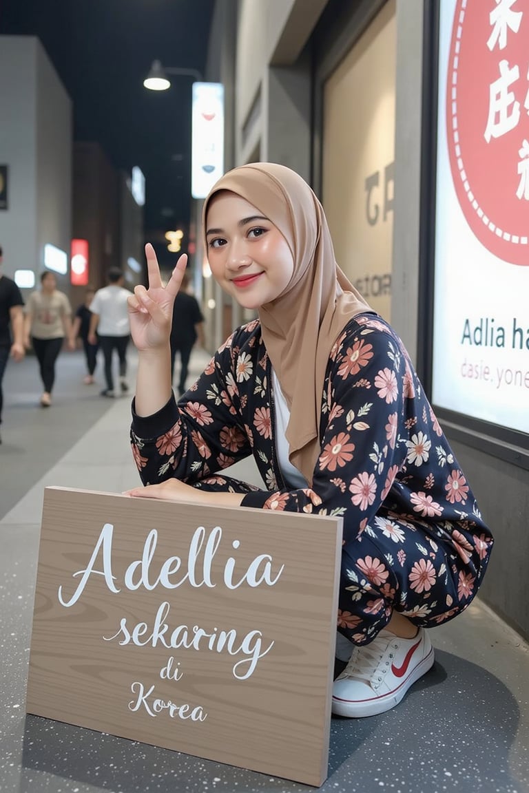 adelliahalim, A young Asian woman adelliahalim wearing hijab with a confident smile, her lively eyes exuding youthful energy. Her long hijab very neat, deep flower pattern hijab flows in the wind, naturally draping over her shoulders. She wears a loose, sporty jacket and pants in a trendy Japanese-Korean style, paired with fashionable sneakers, blending streetwear with modern fashion. She crouches on a bustling urban street, the vibrant city nightscape behind her, with soft, non-glaring lights and young people passing by. Her pose is relaxed and natural, her hand making a popular gesture, showcasing a confident and energetic demeanor. There is a big sign in front of her with art handwriting that says "Adellia sekarang di Korea"