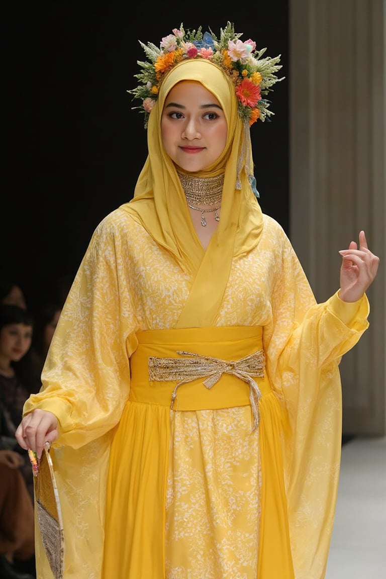 A futuristic fashion runway concept with a beautiful adelliahalim in the center. She is wearing a wearing very long yellow hijab and traditional Japanese kimono witha futuristic twist. The kimono is made of translucent, glowing fabric and features wide, flowing sleeves, an elegantly tied obi sash, and a floor-length skirt. The garment is intricately embedded with LED patterns that showcase traditional Japanese motifs such as cherry blossoms, waves, cranes, and bamboo. The dress also has an ethereal, complex asymmetric yellow pattern that glows and projects across the entire outfit. She has platinum long hijab styled and an intricate braided hijab style featuring a diamond pattern and multiple small braids. She is adorned with a large, gorgeous choker, and a floral headdress featuring an abundance of flowers in various colors. In her hand, she holds a traditional Japanese fan,kimonoFT,noc-futuristic,