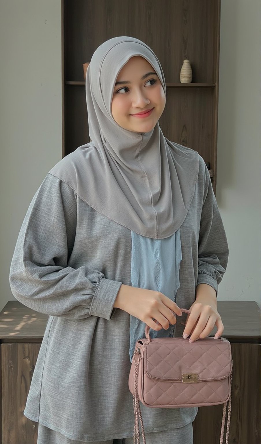 Image of a young adelliahalim wearing gray hijab in an bottom doen slimfit elegant suit, randomly colored, picking up a fashion leather bag with a beautiful, highlight hijab, exquisite pattern to display. With a smile and bright eyes Pictures and shadows are realistic and sharp.