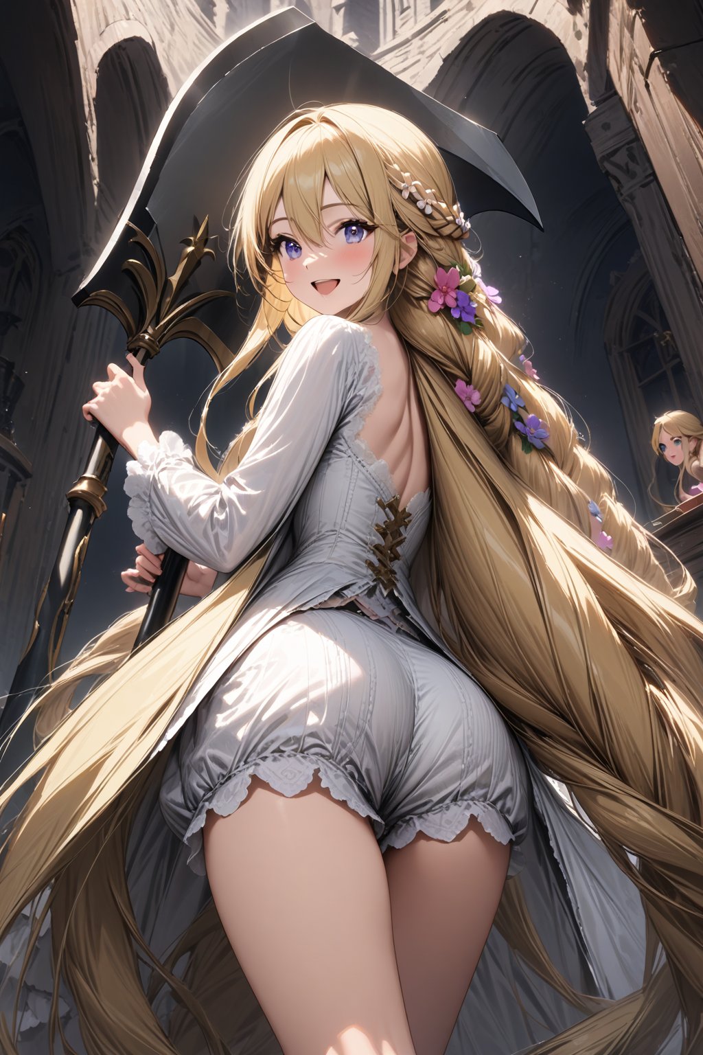 ((masterpiece)), 
((best quality)), 
((ultra detailed)), 
((very high resolution)), ((32k)), 

(bangs), ((Rapunzel in the Tower)),((Blonde)),
((very long hair)), ((long Braids)),
((Flower_Hair_Ornaments)),
(hair between eyes), (sidelocks),((beautiful detailed eyes)), (extremely detailed face),(perfect hands, perfect anatomy),((cowboy shot)),((smile)),((bedroom)),((Rapunzel:1.3)),((open mouth)),
((from behind:1.3)),((From below)),
((white_Drawers)),((white_bloomers)),
((holding huge Battle Axe:1.3)),((Bloody:1.3)),