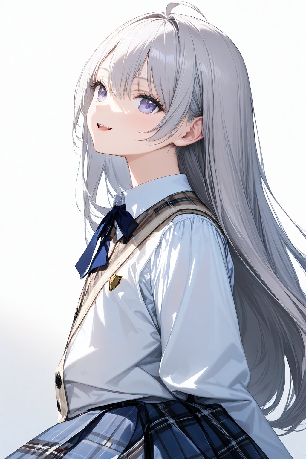 ((masterpiece)), 
((best quality)),
((ultra detailed)),
((very high resolution)),
((32k)),

((long hair)), (silver eyes), (silver hair), ahoge, seamed, bangs, hair between eyes, 

((smile)),

floating hair, 
((navy skirt in plaid skirt)),((long sleeve)),
((school uniform)),((collared shirt)),
((bow)),((Ribbon)),
((from side)),((From below)),
((wariza)),((open mouth)),
((head tilt)),