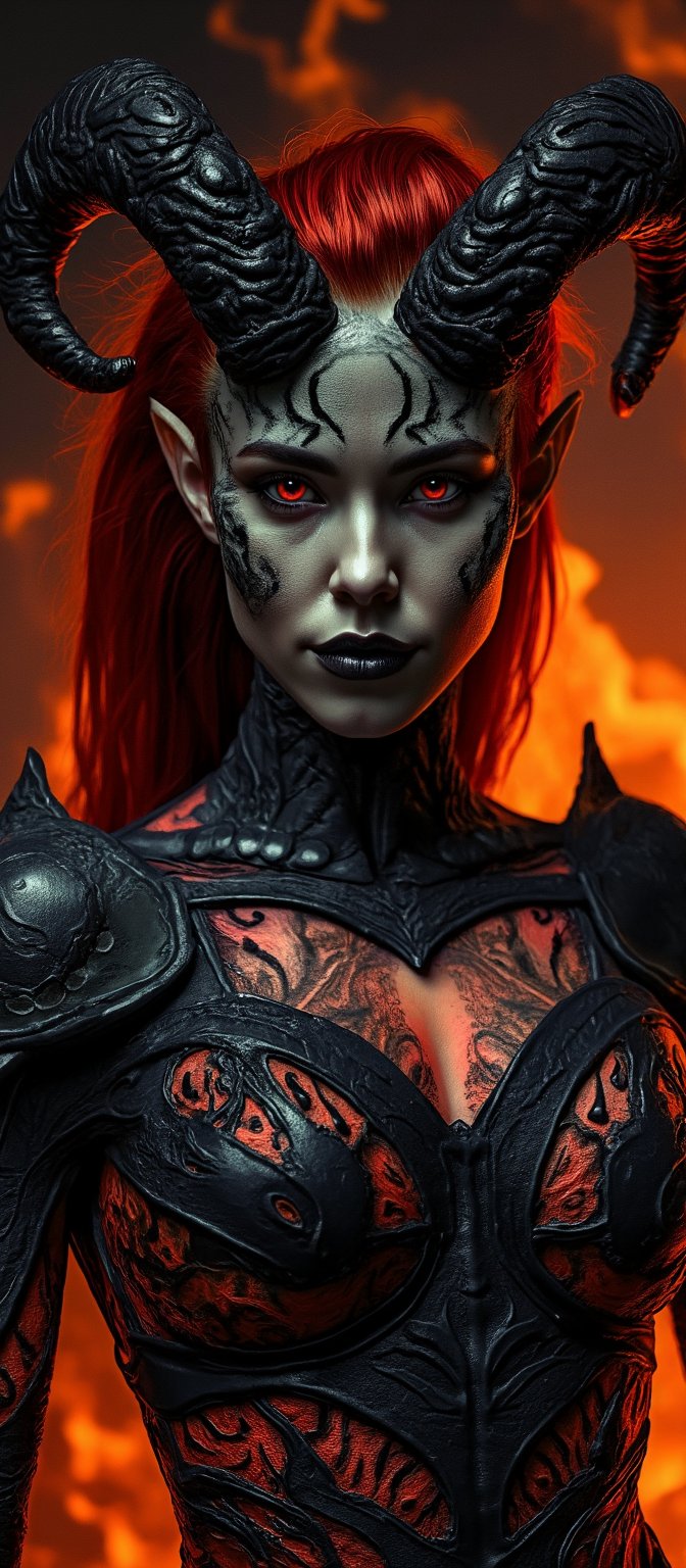 Generate hyper realistic image of a powerful, demonic female figure with a dark, fiery aesthetic. Her face is sharp and angular, exuding a mix of beauty and malevolence. She has a confident smirk. Her eyes glow with a vivid red hue and are feline-like. Black and red demonic markings cover her face in swirling patterns, blending seamlessly with her skin. She has two large, blackened horns that curl backward from her forehead, textured with ridges and dark veins. Her ears are pointed and sharp, like of an elf. Her hair is a mixture of deep black and dark crimson, flowing back in waves. The armor is part of her skin, it blends seamlessly with her flesh. This organic, skin-tight armor covers her chest, shoulders, and arms. The armor is primarily black with intricate red patterns carved into it. The background is dark, filled with roaring flames and shadows. The fiery glow highlights the infernal setting.