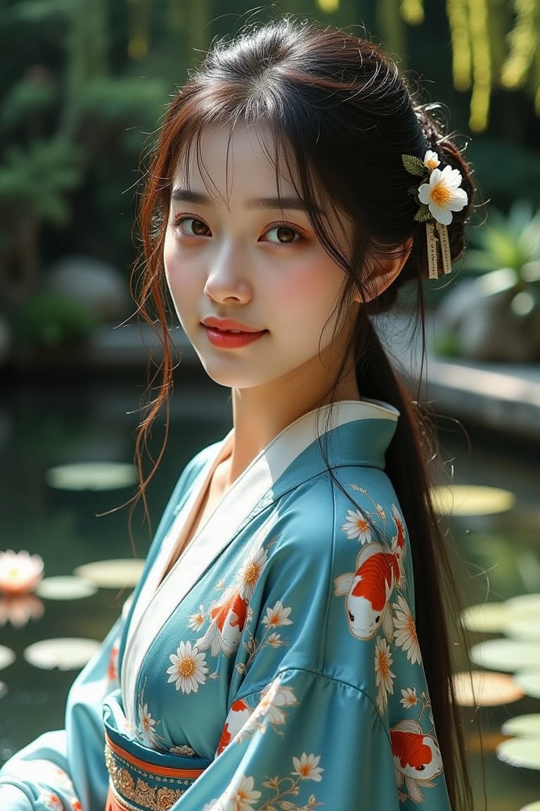 A graceful Korean maiden poses by a tranquil koi pond, surrounded by vibrant greenery and delicate lily pads floating atop the water. The young woman gazes playfully at the viewer with a warm, inviting smile, her bangs gently framing her heart-shaped face. Her long, sleek black hair is tied back, with a few strands cascading down, decorated with elegant hairpins shaped like blossoms. Her large, expressive hazel eyes shine brightly, and her lips are adorned with a soft pink gloss. A luxurious silk kimono in shades of blue and white drapes elegantly around her figure, the motifs reflecting the serenity of her environment. The background is slightly blurred, emphasizing the shimmering water and the vivid colors of the surrounding foliage, while maintaining the focus on her enchanting presence, which radiates tranquility and charm.