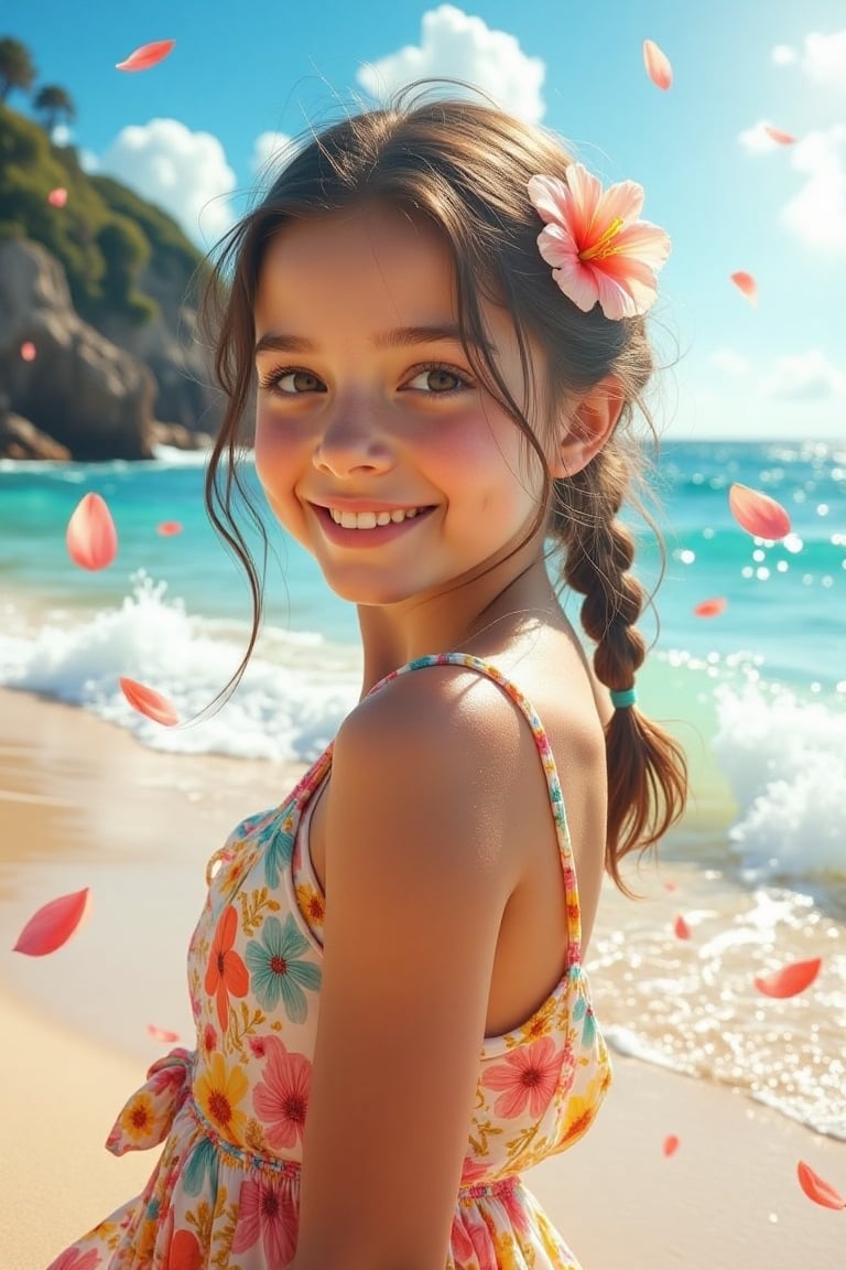 A vibrant portrait of a young girl,  captured from the upper body on a lively beach during a bright summer day. The sparkl...