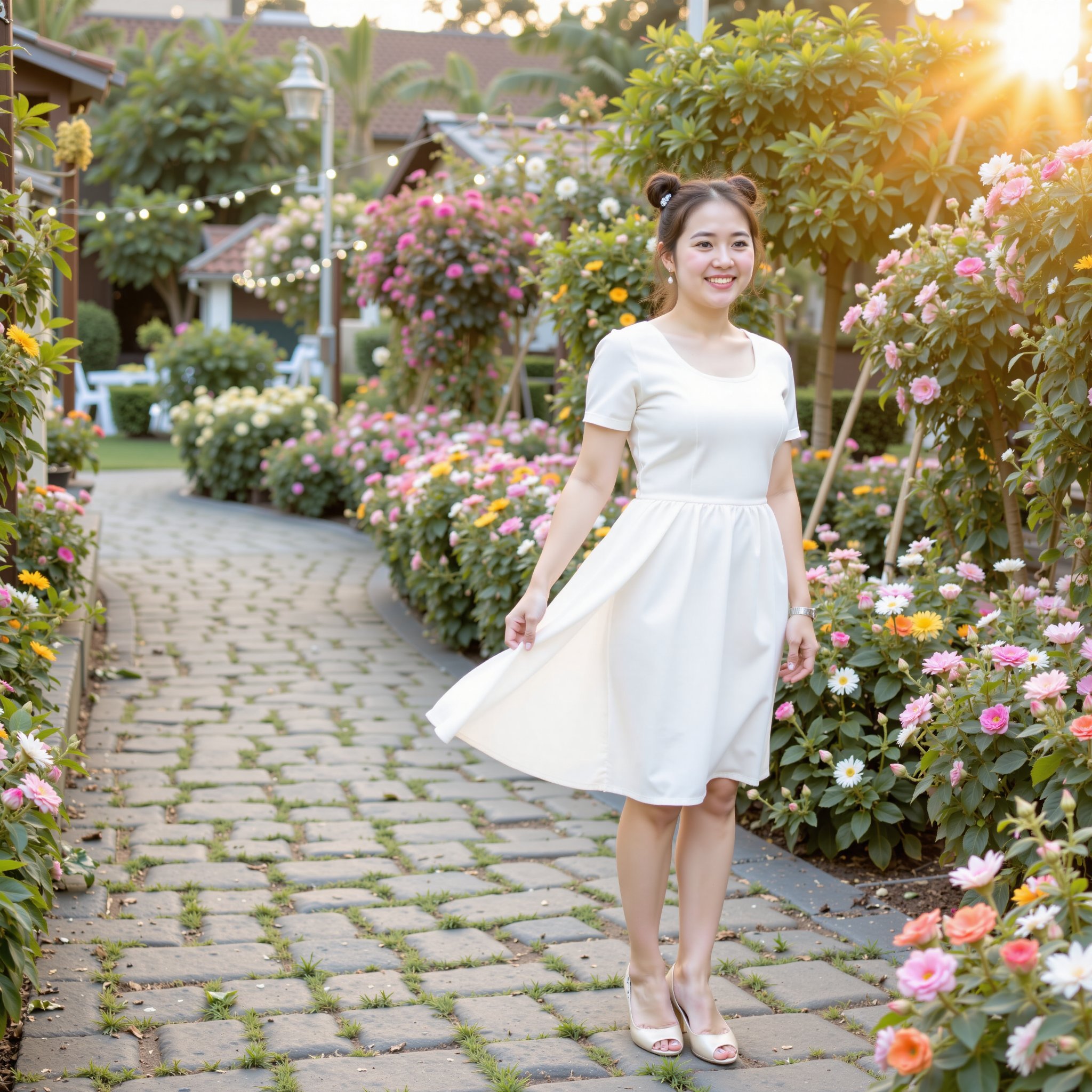 Amidst a vibrant garden filled with blooming flowers,  a young Thai woman with whimsical buns in her hair wears a flowing...