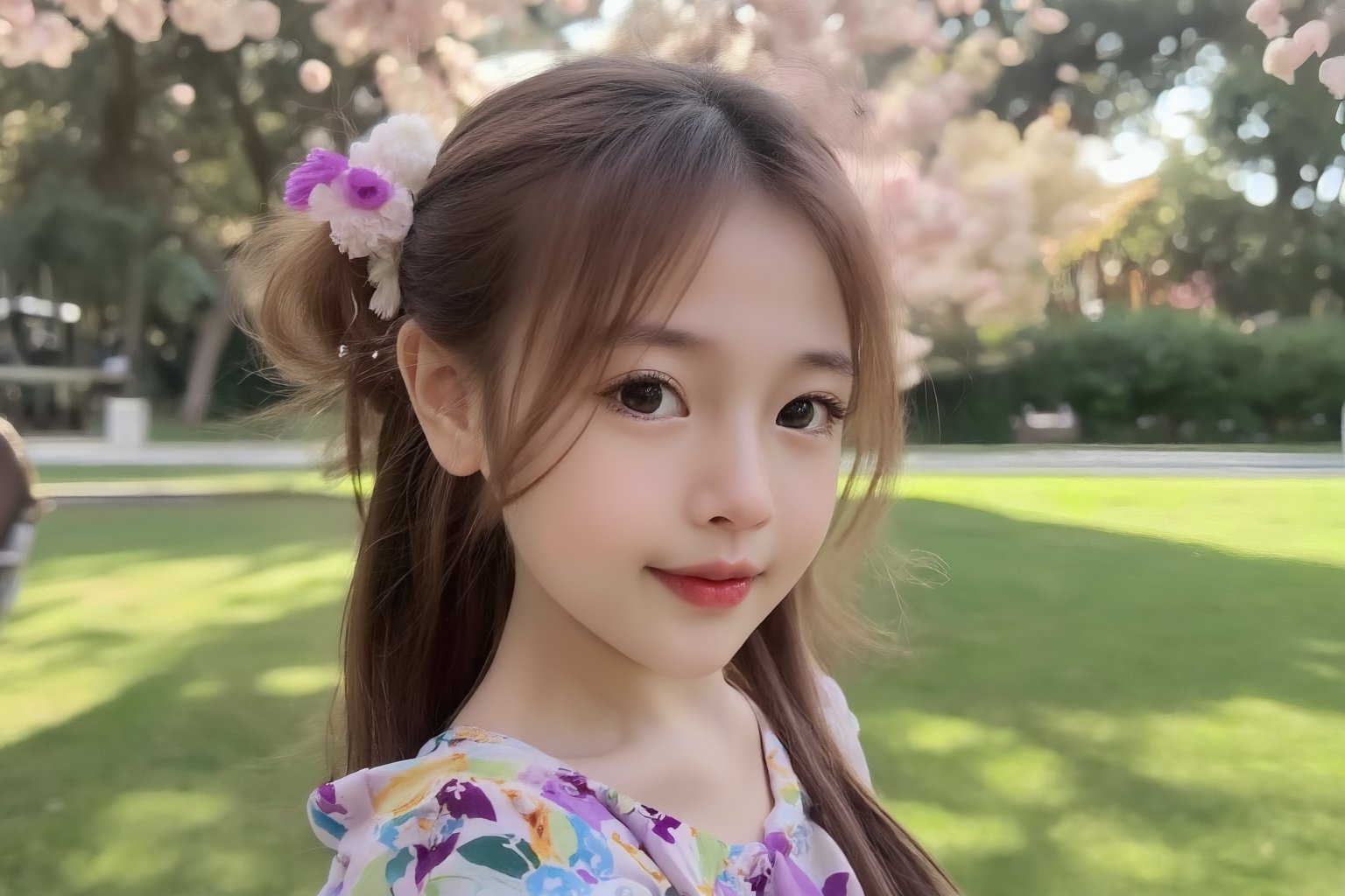 Create a realistic image of a cheerful young girl with bright, expressive eyes and a warm smile. She has wavy hair that gently frames her face, and she's wearing a colorful, playful outfit. The background is a sunny park with blooming flowers and soft, green grass. Capture her innocence and joy in a candid moment, showcasing her cute and lovely demeanor.