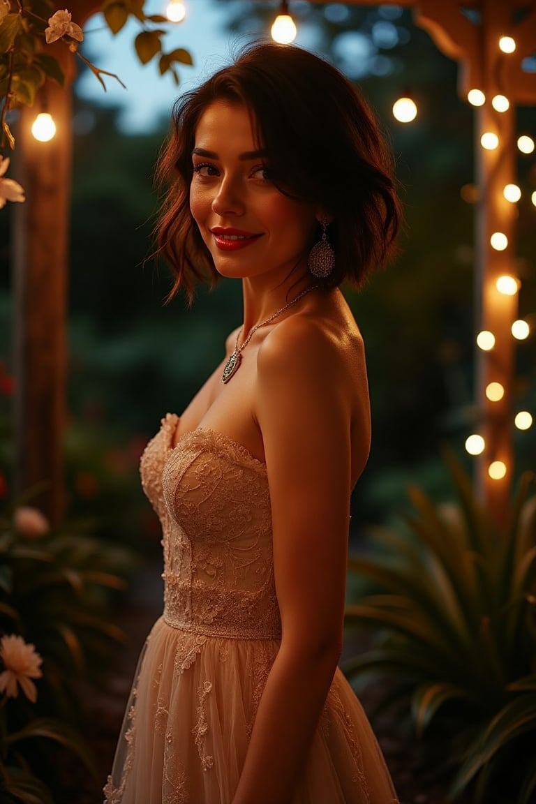 View from below captures a woman in a glamorous strapless lace gown, gracefully posed in a lush garden at twilight. The low-angle shot highlights her silhouette as she stands confidently, one leg slightly bent, accentuating her curves. Her messy bob hairstyle sways with the gentle evening breeze, while red lipstick and a sweet smile add charm to her alluring expression. With fertility charms delicately hanging from her necklace, she looks over her shoulder at the viewer with a captivating gaze. Soft fairy lights twinkle around her, casting a warm glow that enhances the enchanting atmosphere.