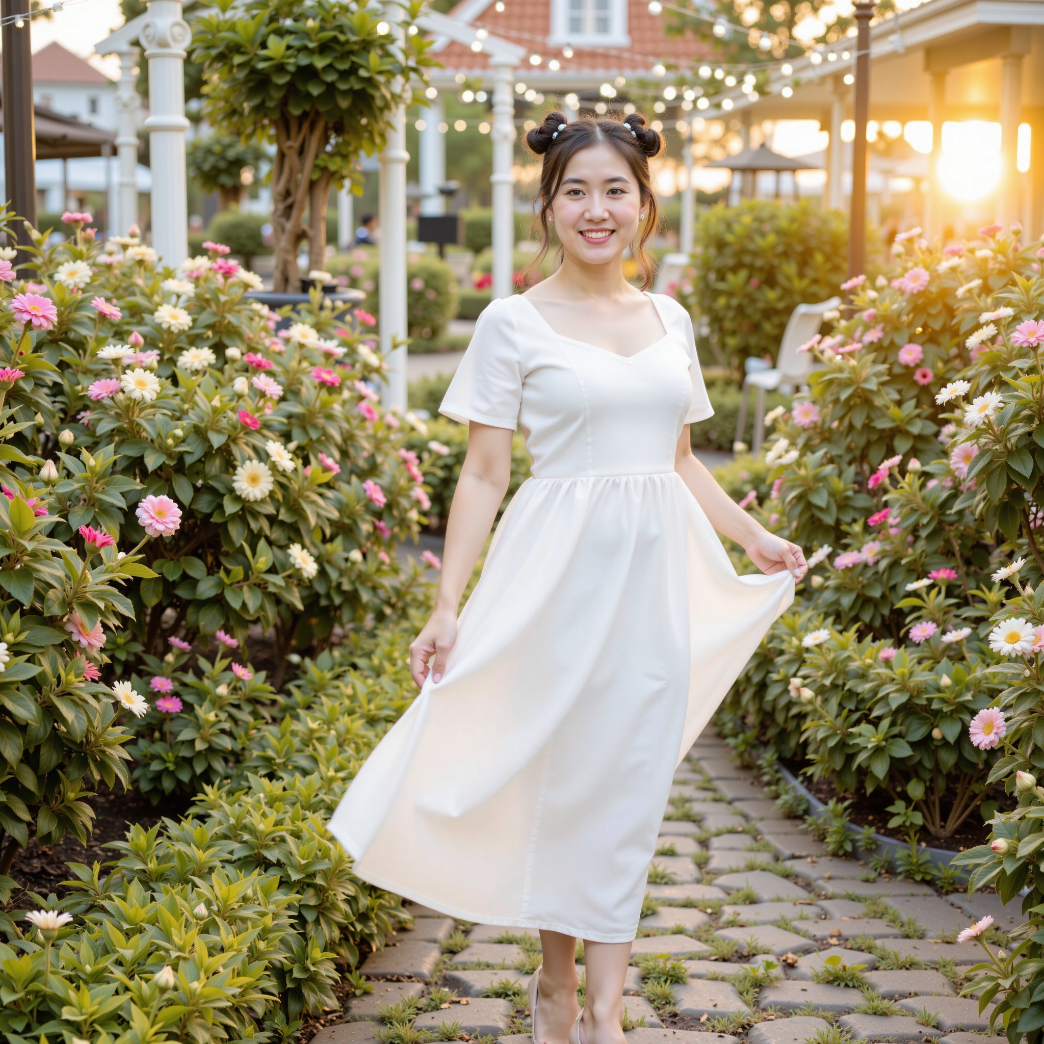 Amidst a vibrant garden filled with blooming flowers,  a young Thai woman with whimsical buns in her hair wears a flowing...