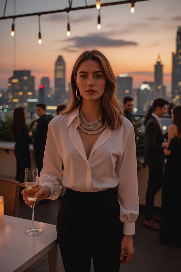 Shifting to an evening networking event,  the same Thai girl transitions into a more glamorous look while maintaining her...