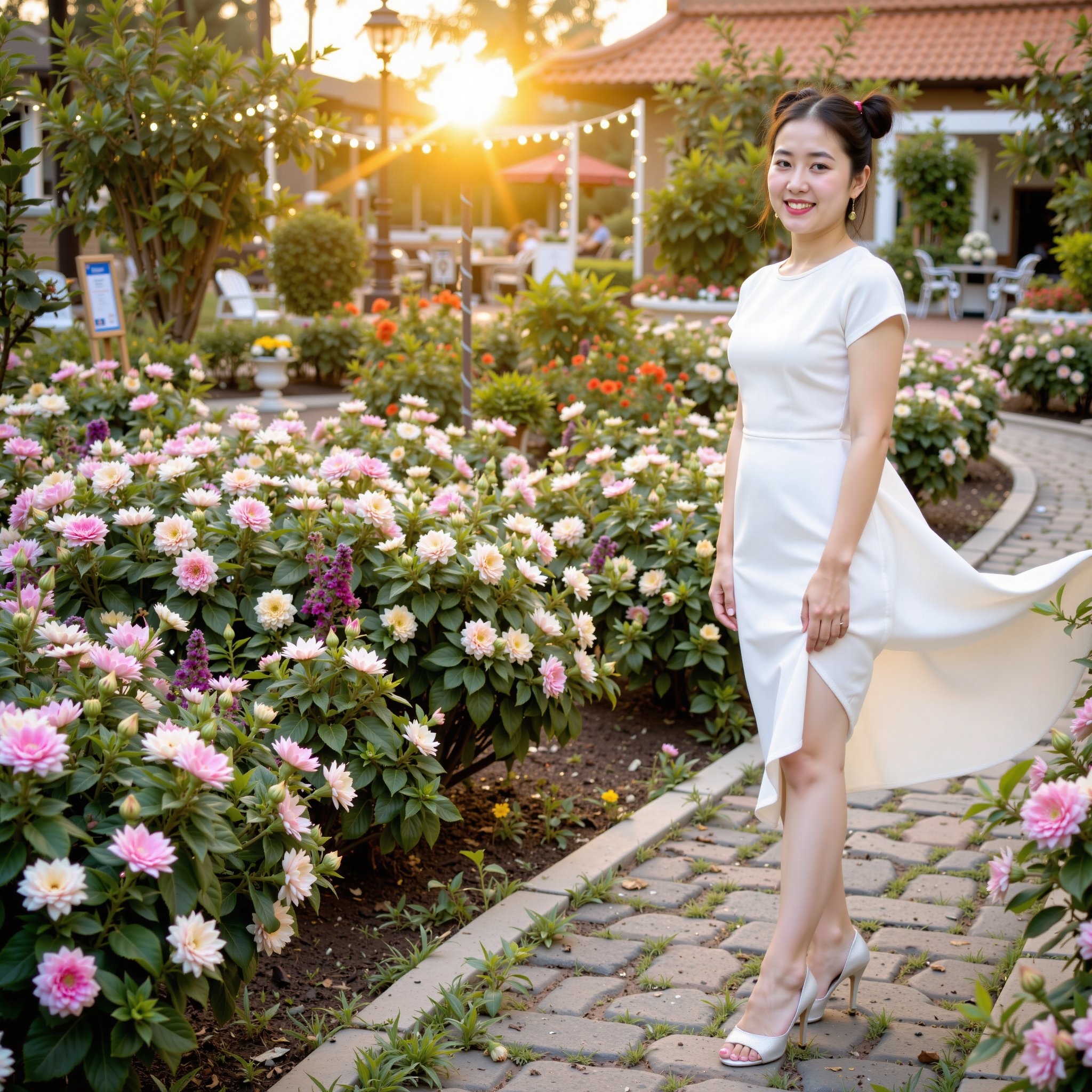 Amidst a vibrant garden filled with blooming flowers,  a young Thai woman with whimsical buns in her hair wears a flowing...