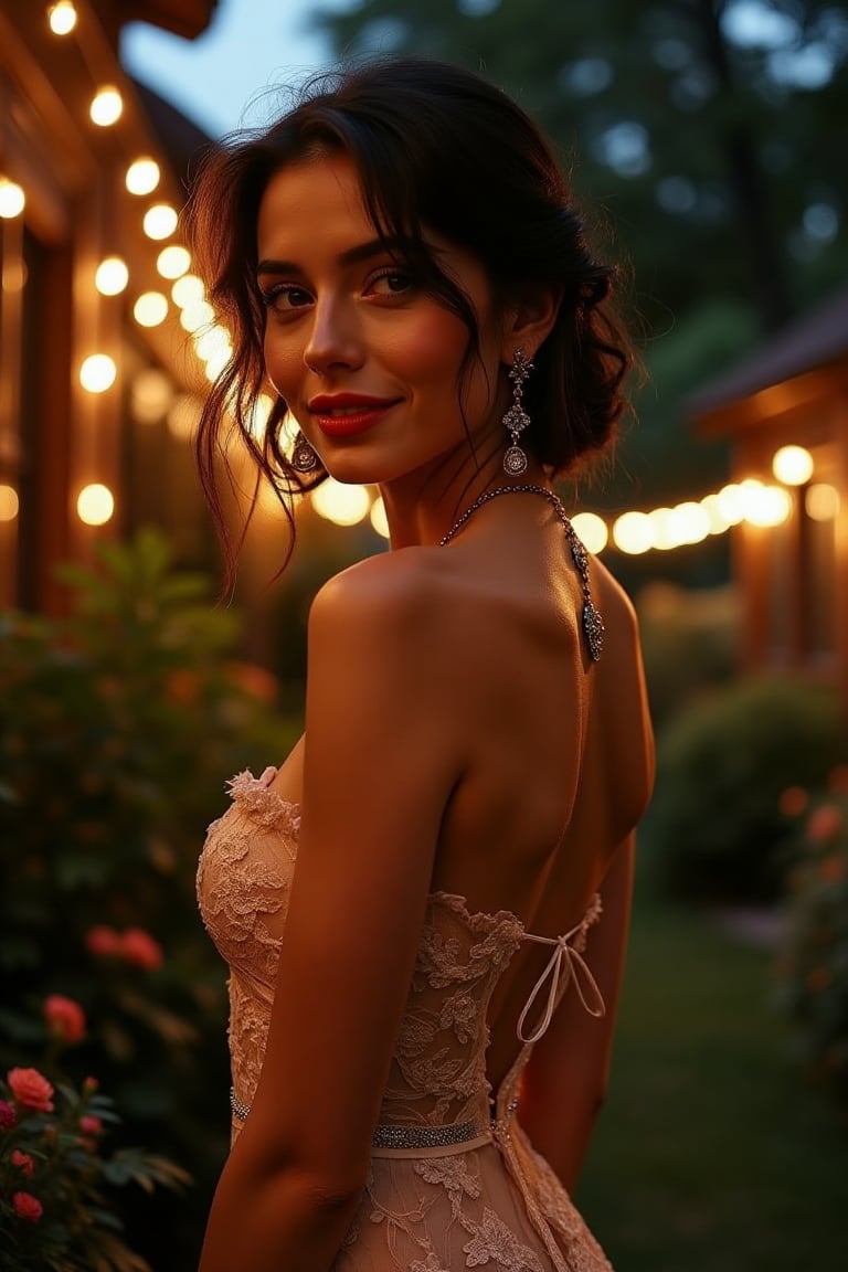 View from below captures a woman in a glamorous strapless lace gown, gracefully posed in a lush garden at twilight. The low-angle shot highlights her silhouette as she stands confidently, one leg slightly bent, accentuating her curves. Her messy bob hairstyle sways with the gentle evening breeze, while red lipstick and a sweet smile add charm to her alluring expression. With fertility charms delicately hanging from her necklace, she looks over her shoulder at the viewer with a captivating gaze. Soft fairy lights twinkle around her, casting a warm glow that enhances the enchanting atmosphere.