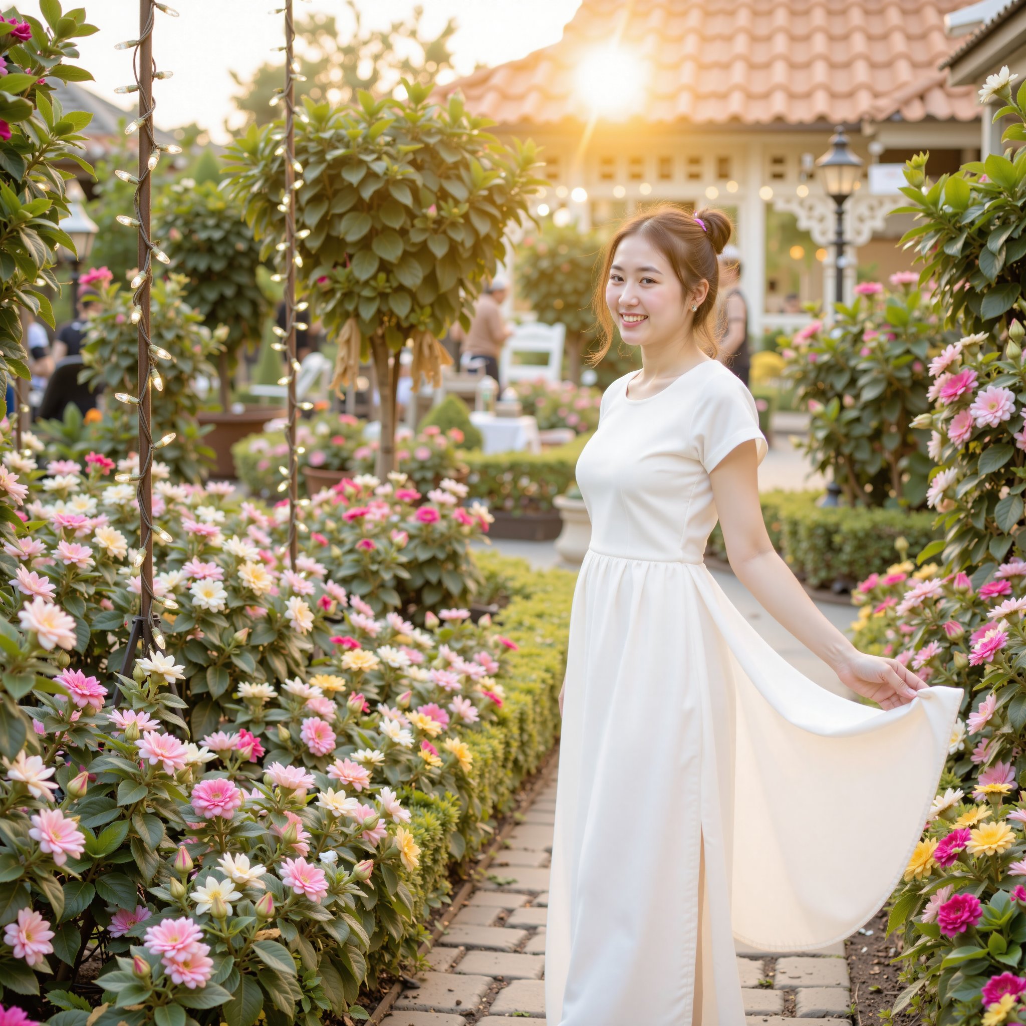 Amidst a vibrant garden filled with blooming flowers,  a young Thai woman with whimsical buns in her hair wears a flowing...