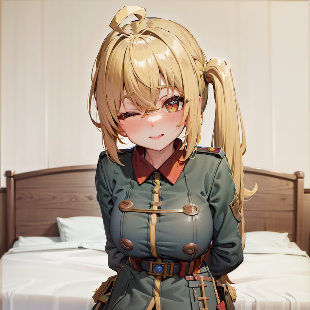 absurdres,anime,(masterpiece,best quality,extremely detailed,detailed eyes),(anime waifu style,absurdres:1.2),(1girl,luciana de montefio,side ponytail,yellow hair,happy,eye half closed,bedroom,ww1ger,ahoge:1.2),(leaning forward,looking at viewer,hand behind back,facing viewer:1.2)