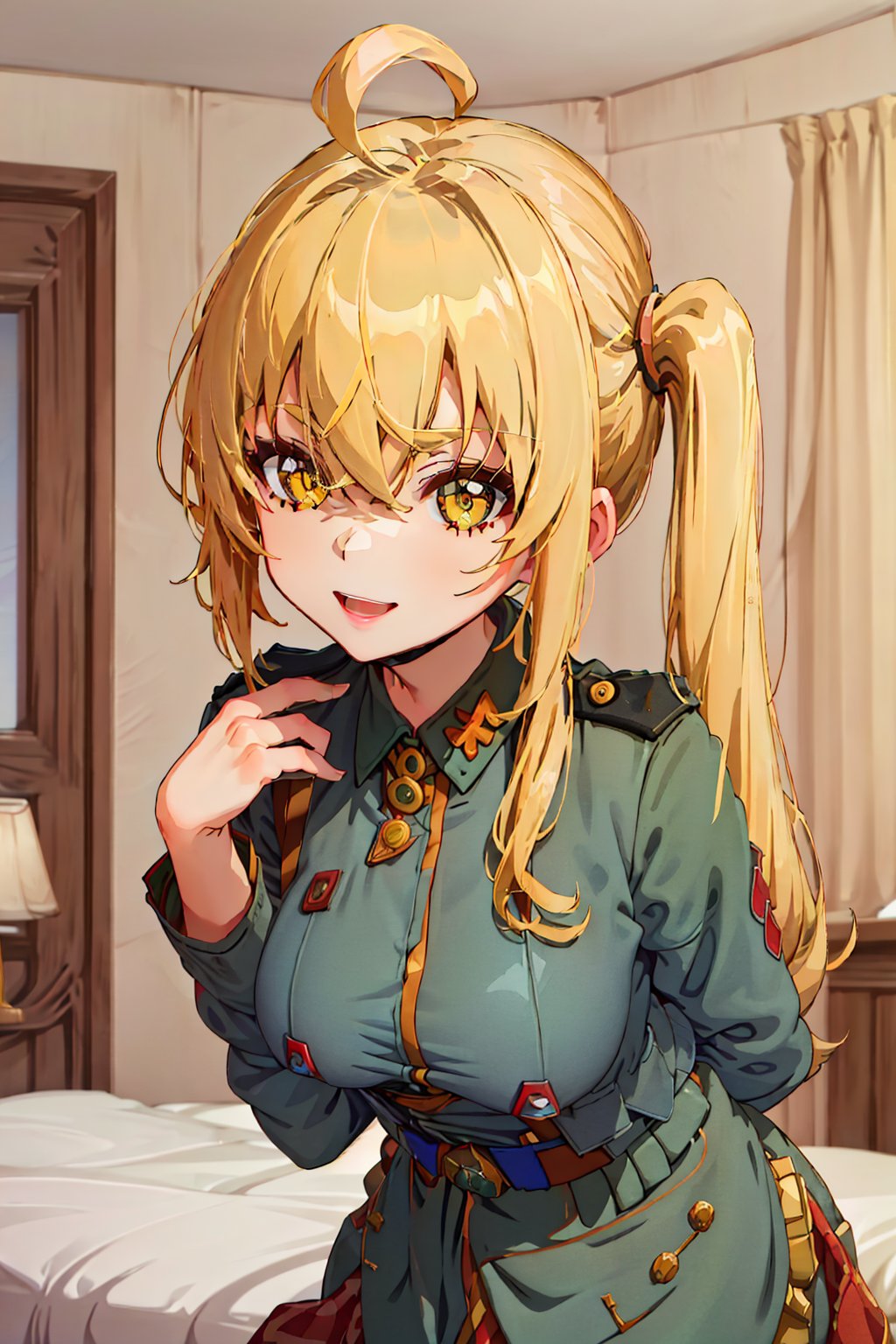 absurdres,anime,(masterpiece,best quality,extremely detailed,detailed eyes),(anime waifu style,absurdres:1.2),(1girl,luciana de montefio,side ponytail,yellow hair,happy,bedroom,ww1ger,ahoge:1.2),(leaning forward,looking at viewer,hand behind back,facing viewer:1.2)