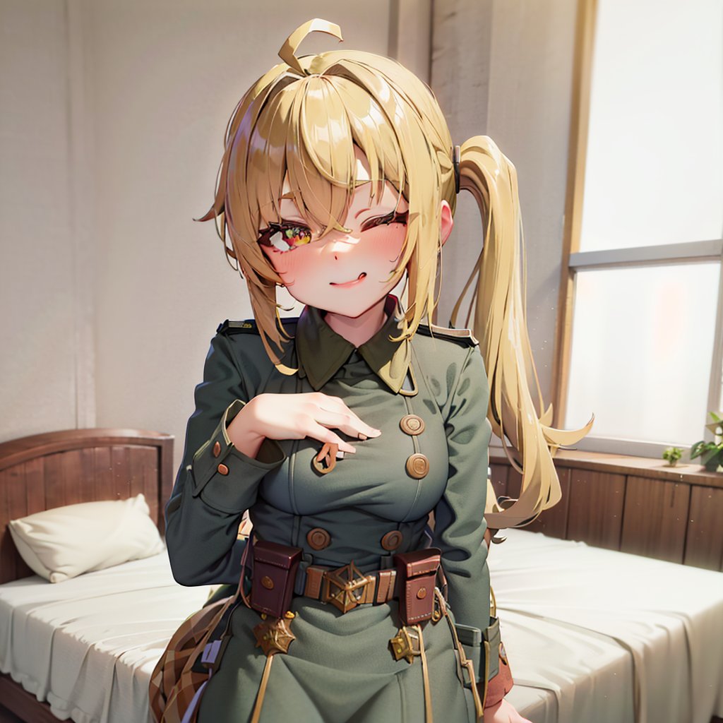 absurdres,anime,(masterpiece,best quality,extremely detailed,detailed eyes),(anime waifu style,absurdres:1.2),(1girl,luciana de montefio,side ponytail,yellow hair,happy,eye half closed,bedroom,ww1ger,ahoge:1.2),(leaning forward,looking at viewer,hand behind back,facing viewer:1.2)