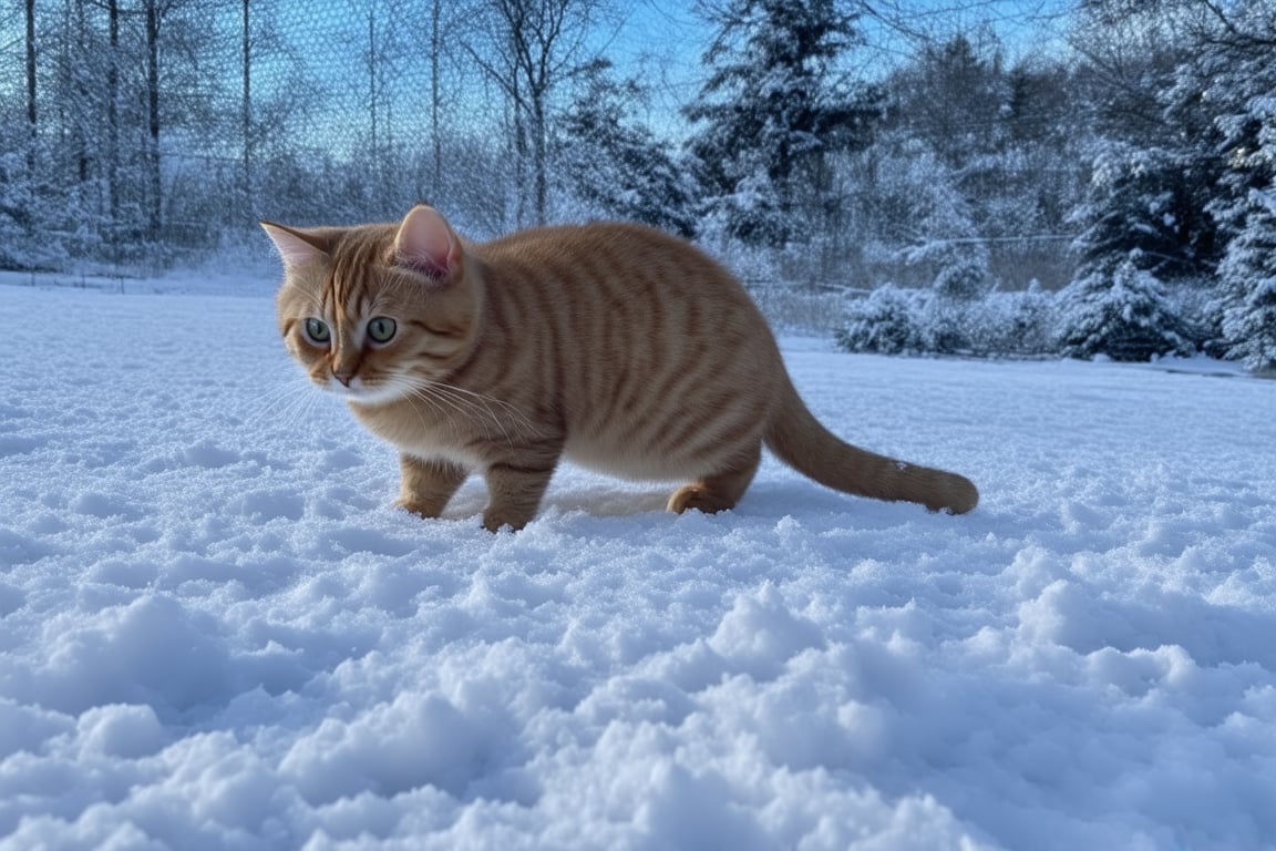 фотореализм, Маленький котенок замерзает на снегу зимой, руки протянуты к нему, чтобы его забрать и согреть