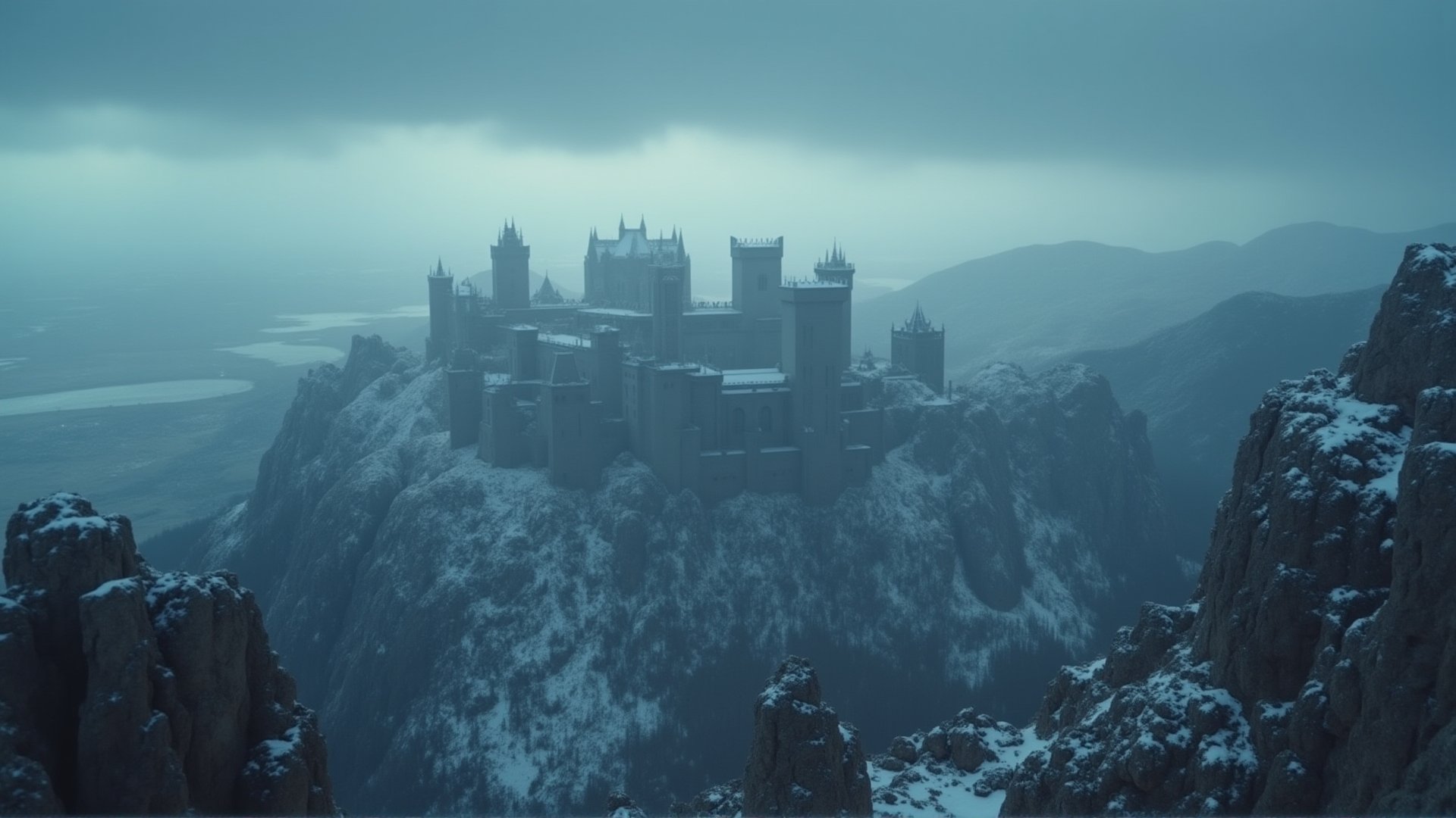 "Panoramic view of the Seven Kingdoms of Westeros, medieval castles in the distance, rugged terrains, wintery feel, majestic and dark, intricate details, ultra HDR, cinematic lighting, 1950s Game of Thrones film, 50s cinema, in color, super Panavision."