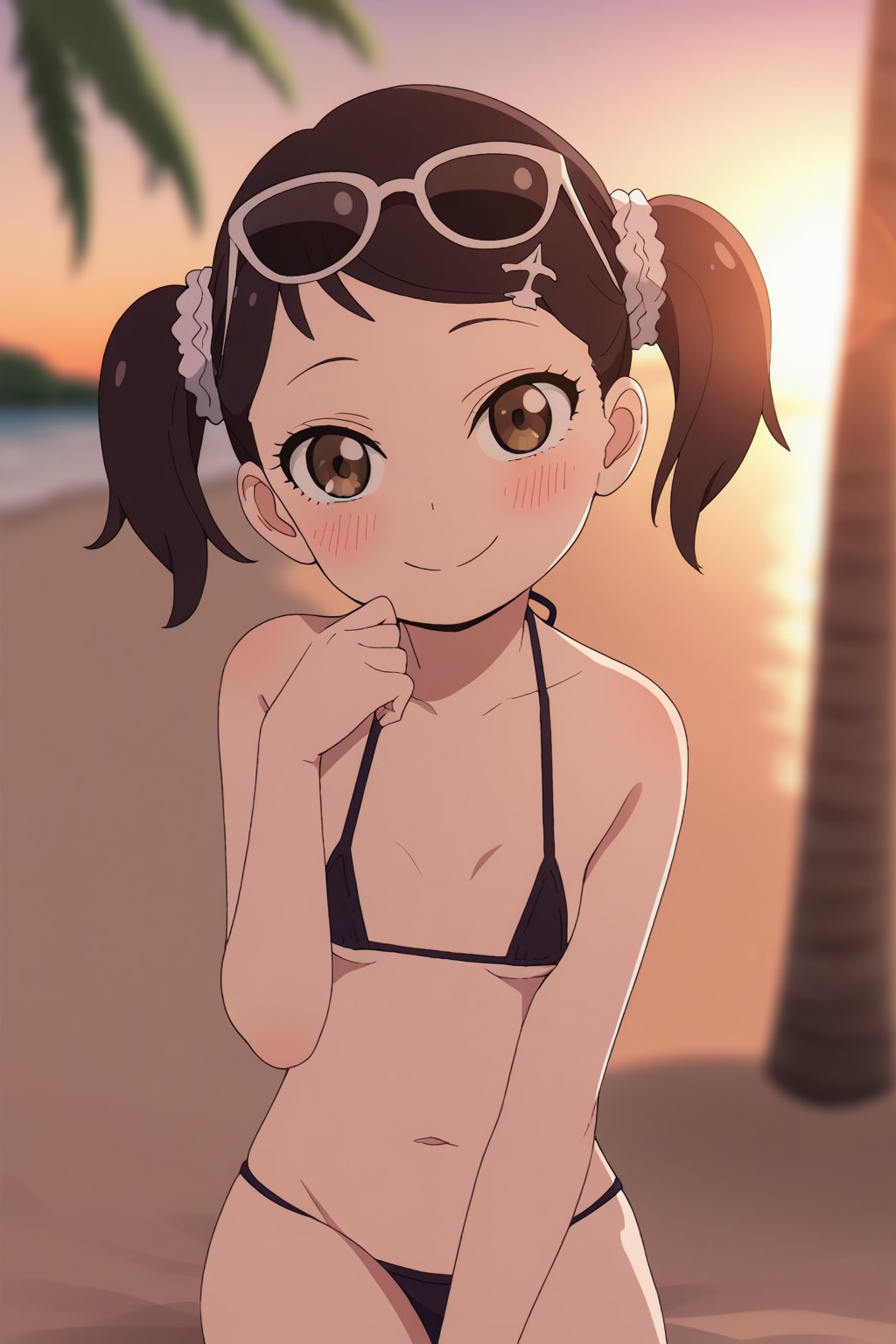 1girl, solo, closed mouth, smile, blush, 

becky blackbell, black hair, hair ornament, twintails, hairclip, scrunchie, hair scrunchie, brown eyes, 

sunglasses on head, micro bikini, head tilt, 

sitting, looking at viewer, blurry background, sunset, lens flare, beach, horizon, palm tree, 