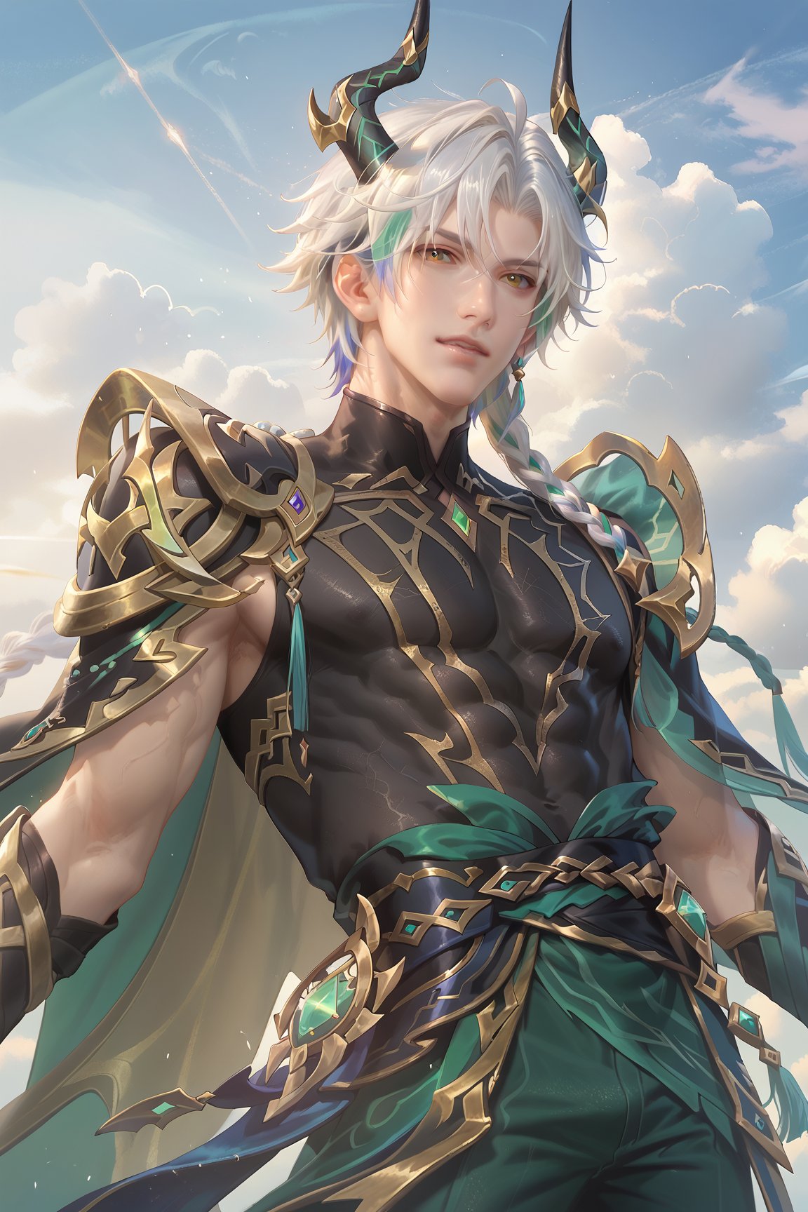 score_9, score_8_up, score_7_up, masterpiece, best quality, extremely detailed,highres,detailed beautiful face and eyes,solo, cute, male focus, BREAK 1 males. solo,BREAK Zhao Yun Ming(white hair, multicolored hair, braid, gloden horns, official alternate costume), spiked_hair, BREAK looking at viewer BREAK lightening, black cloudy, cloudy_sky, a ray of light breaking cloud, thunders, glowing, BREAK perfect muscule, muscular_body, BREAK green loong, green dragons BREAK detailed clothes, detailed background,