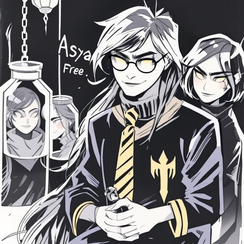 long hair, smile, short hair, multiple girls, black hair, 1boy, 2girls, sitting, school uniform, green eyes, necktie, glasses, book, wand, candle, dark, hogwarts school uniform. Captured at eye-level, a portrait of Harry Potter is depicted. He is dressed in a black robe, adorned with a gold tie and black rimmed glasses. His hands are clasped in front of him, adding a touch of mystery to the scene. To the left of him are two glass jars, each with a reflection of a woman in them. The jars are suspended from chains, adding depth to the composition. The background is dark, creating a dramatic effect.

the word "Asya FREE" is written in stylish letters on the background. 


,watercolor,painting,paper texture,watercolor paper,sketch,colored pencil,hhstyle,fantasy_master_05,kawaiicolors