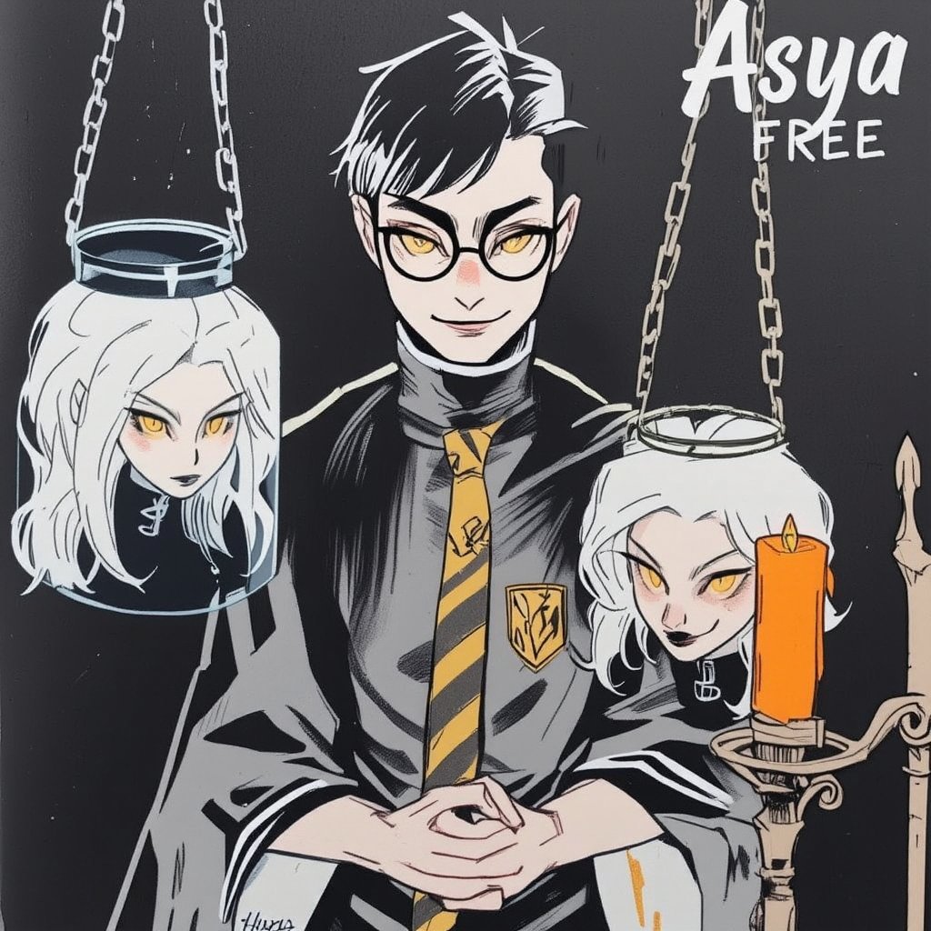 long hair, smile, short hair, multiple girls, black hair, 1boy, 2girls, sitting, school uniform, green eyes, necktie, glasses, book, wand, candle, dark, hogwarts school uniform. Captured at eye-level, a portrait of Harry Potter is depicted. He is dressed in a black robe, adorned with a gold tie and black rimmed glasses. His hands are clasped in front of him, adding a touch of mystery to the scene. To the left of him are two glass jars, each with a reflection of a woman in them. The jars are suspended from chains, adding depth to the composition. The background is dark, creating a dramatic effect.

the word "Asya FREE" is written in stylish letters on the background. 


,watercolor,painting,paper texture,watercolor paper,sketch,colored pencil,hhstyle,fantasy_master_05,kawaiicolors