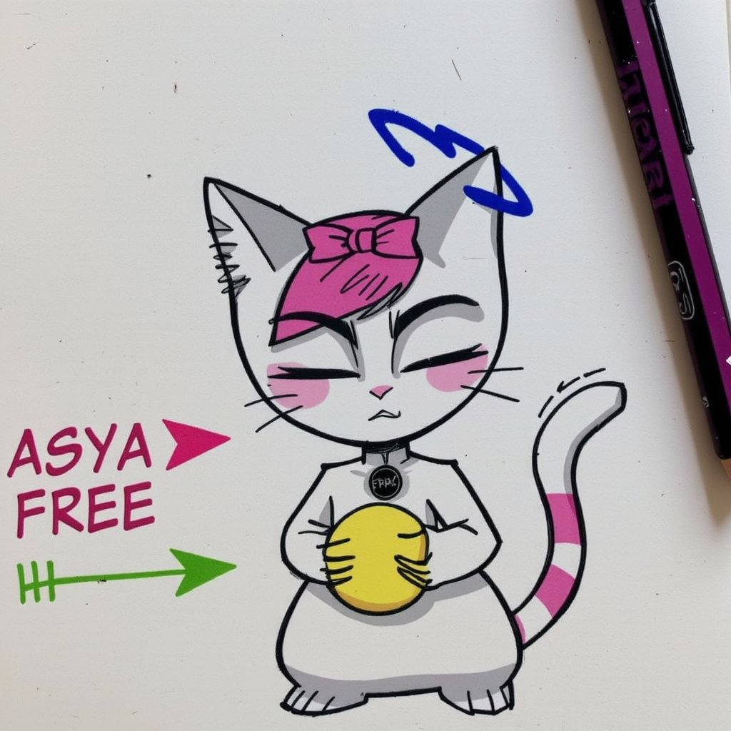 1girl, solo, blush, animal ears, tail, closed eyes, pink hair, cat ears, signature, collar, cat tail, bell, cat, jingle bell, neck bell, furry. A cartoon drawing of a white cat with a pink bow on its head. The cat is holding a yellow ball in its hands. There is a blue and green arrow pointing to the right. There are pink and green arrows pointing towards the cat. he holds a black disk in his hands, on which "Asya FREE" is written in white letters.


,art_solyanka, watercolor,painting,paper texture,watercolor paper,sketch,colored pencil,hhstyle,fantasy_master_05