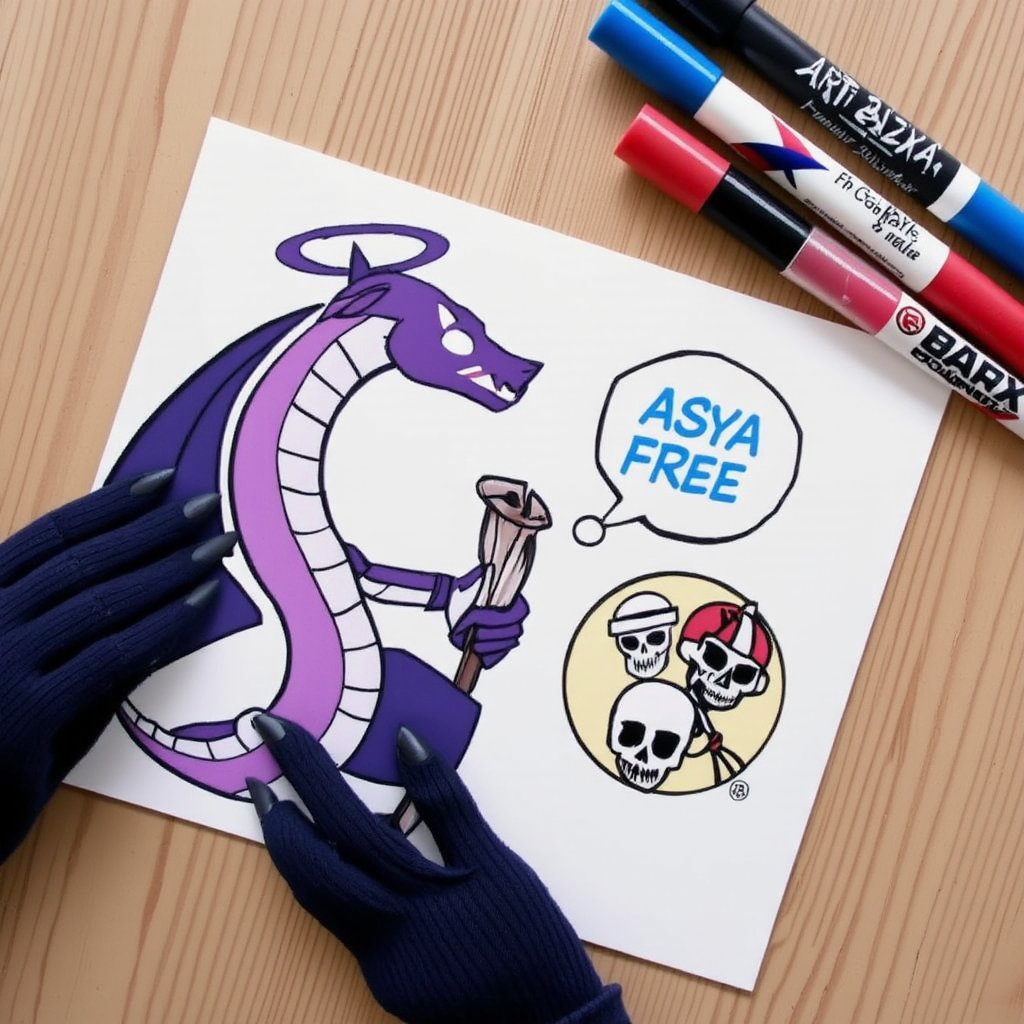 solo, gloves, 1boy, holding, weapon, male focus, horns, armor, muscular, traditional media, helmet, skull, marker \(medium\).
a medium-angle view of a cartoon drawing is displayed on a white sheet of paper. The drawing features a purple dragon with a pink head, a purple robe, and a purple bow around its neck. The dragon is holding a stick in its right hand, and its head is facing towards the left side of the image. There are three skulls in the bottom right corner of the drawing. The skulls are arranged in a circle, with the word "Asya FREE" written in blue letters on a yellow background. Above the drawing, there are three markers in various colors, including red, blue, and white. The background is a light brown wooden table.


,art_solyanka, watercolor,painting,paper texture,watercolor paper,sketch,colored pencil,hhstyle,fantasy_master_05