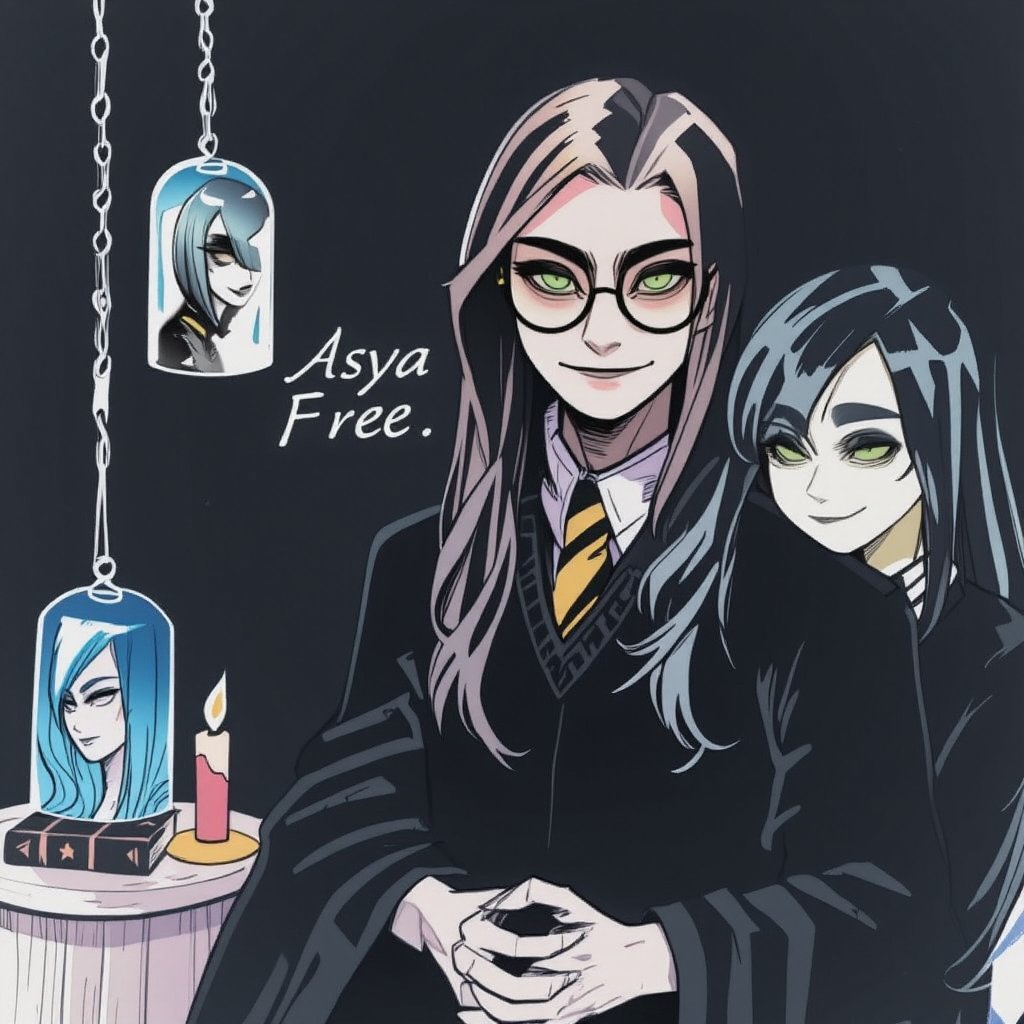 long hair, smile, short hair, multiple girls, black hair, 1boy, 2girls, sitting, school uniform, green eyes, necktie, glasses, book, wand, candle, dark, hogwarts school uniform. Captured at eye-level, a portrait of Harry Potter is depicted. He is dressed in a black robe, adorned with a gold tie and black rimmed glasses. His hands are clasped in front of him, adding a touch of mystery to the scene. To the left of him are two glass jars, each with a reflection of a woman in them. The jars are suspended from chains, adding depth to the composition. The background is dark, creating a dramatic effect.

the word "Asya FREE" is written in stylish letters on the background. 


,watercolor,painting,paper texture,watercolor paper,sketch,colored pencil,hhstyle,fantasy_master_05,kawaiicolors