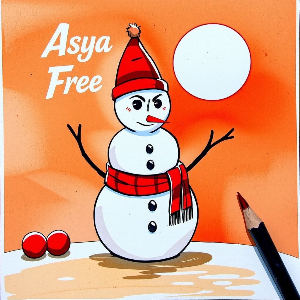 a snowman is standing on a white surface, adorned with a red scarf and a red hat. The snowman's eyes are black, and he has two black sticks sticking out of his mouth. His hat is adorned with an orange pom-pom, adding a pop of color to the scene. The background is a vibrant orange, with a large circular sun in the upper right corner of the frame. The sun casts a shadow on the surface of the snowman, adding depth to the composition.

the word "Asya FREE" is written in stylish letters on the background. 


,watercolor,painting,paper texture,watercolor paper,sketch,colored pencil,hhstyle,fantasy_master_05