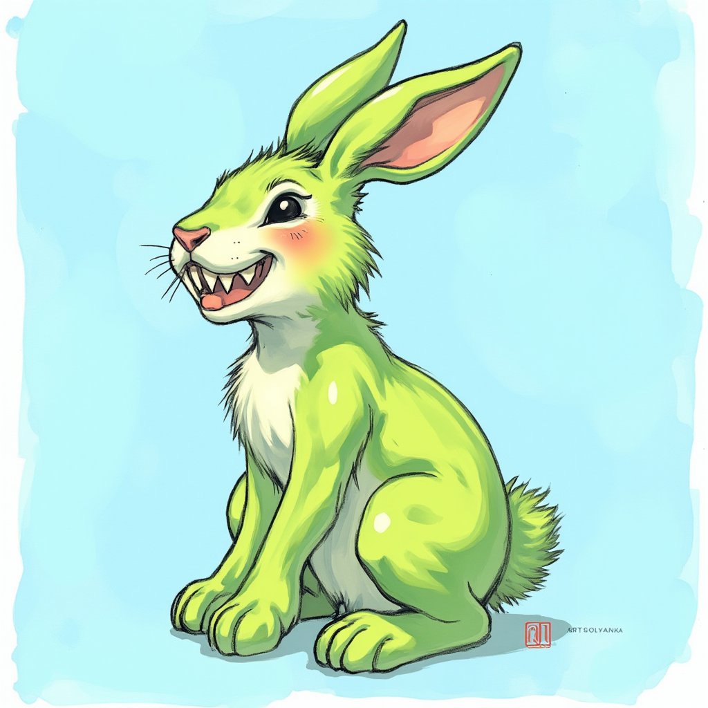 solo, smile, simple background, full body, teeth, a stylized hare, acid green in color, with a pink round muzzle, with narrow black slanted eyes without pupils, a smile from ear to ear with sharp sawtooth teeth, a cute baby blush on his cheeks, the hare sits in a pose like a human, looks more like a needle than a real hare \(creature\), no humans, blue background, blush stickers, sharp teeth,art_solyanka, watercolor,painting,paper texture,watercolor paper,sketch,colored pencil