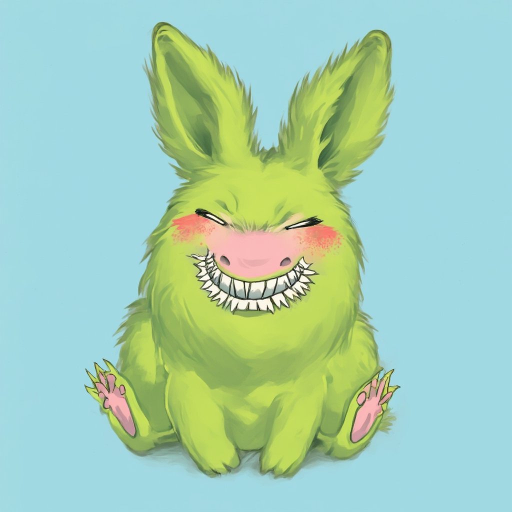 solo, smile, simple background, full body, teeth, a stylized hare, acid green in color, with a pink round muzzle, with narrow black slanted eyes without pupils, a smile from ear to ear with sharp sawtooth teeth, a cute baby blush on his cheeks, the hare sits in a pose like a human, looks more like a needle than a real hare \(creature\), no humans, blue background, blush stickers, sharp teeth