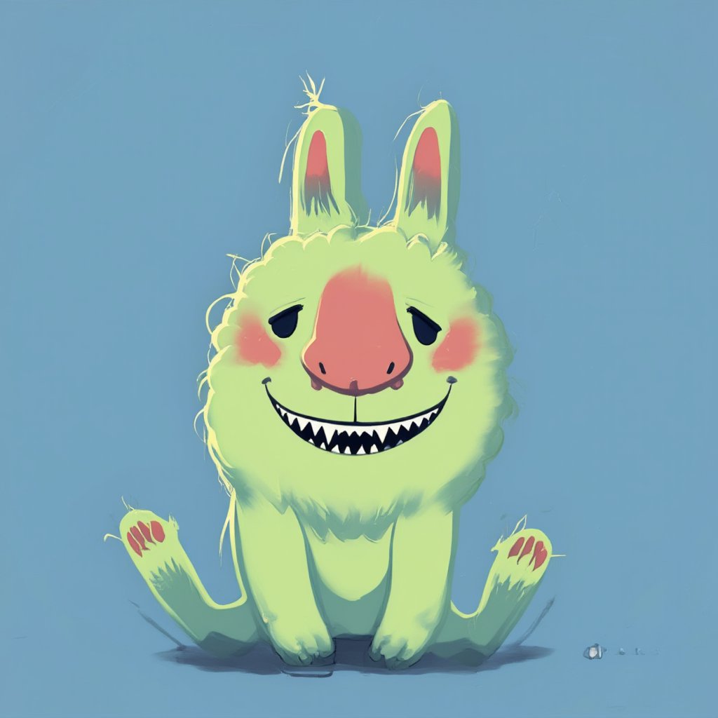 solo, smile, simple background, full body, teeth, a stylized hare, acid green in color, with a pink round muzzle, with narrow black slanted eyes without pupils, a smile from ear to ear with sharp sawtooth teeth, a cute baby blush on his cheeks, the hare sits in a pose like a human, looks more like a needle than a real hare \(creature\), no humans, blue background, blush stickers, sharp teeth,art_solyanka