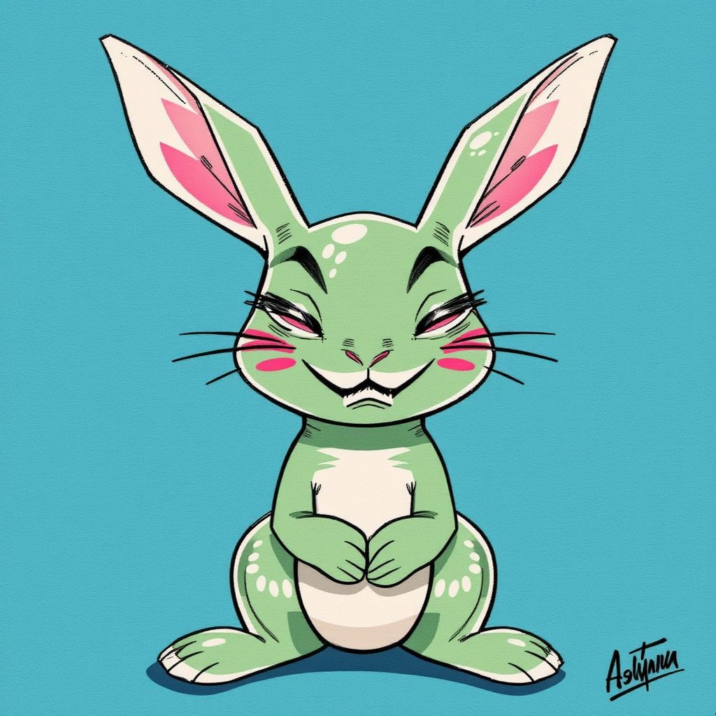 solo, smile, simple background, full body, teeth, a stylized hare, acid green in color, with a pink round muzzle, with narrow black slanted eyes without pupils, a smile from ear to ear with sharp sawtooth teeth, a cute baby blush on his cheeks, the hare sits in a pose like a human, looks more like a needle than a real hare \(creature\), no humans, blue background, blush stickers, sharp teeth,art_solyanka, watercolor,painting,paper texture,watercolor paper,sketch,colored pencil,hhstyle,fantasy_master_05