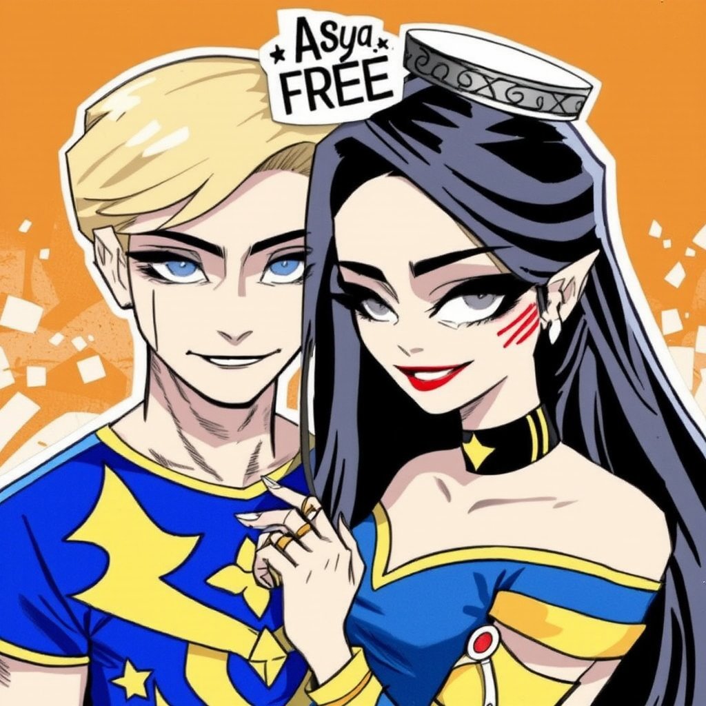 An animated painting of a man and a woman. The man has blonde hair and blue eyes. The woman is wearing a blue dress with gold accents. She has long dark hair and a crown on her head. She is also wearing a gold ring on her left hand. Her left hand is touching the man's chest. The background is orange and yellow.

the word "Asya FREE" is written in stylish letters on the background. 


,watercolor,painting,paper texture,watercolor paper,sketch,colored pencil,hhstyle,fantasy_master_05