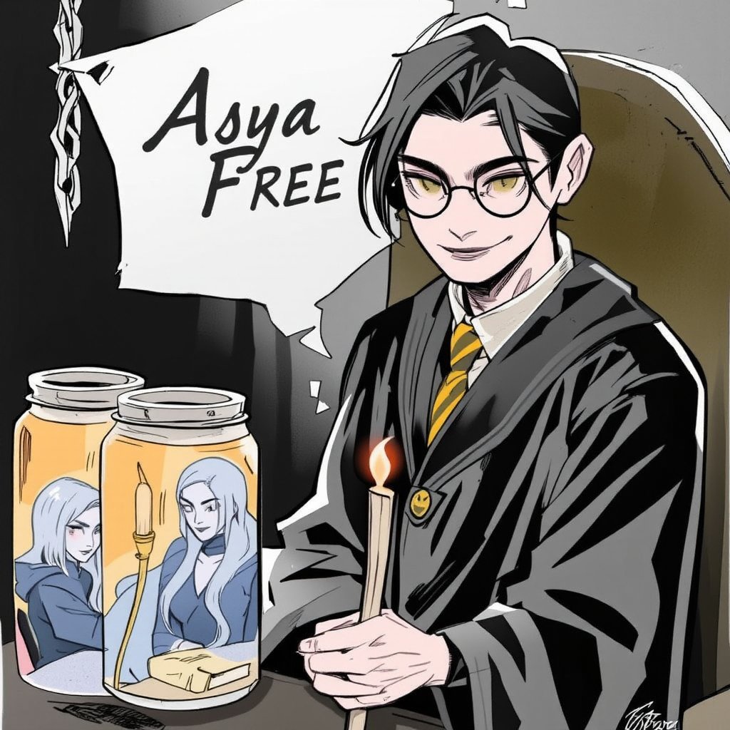 long hair, smile, short hair, multiple girls, black hair, 1boy, 2girls, sitting, school uniform, green eyes, necktie, glasses, book, wand, candle, dark, hogwarts school uniform. Captured at eye-level, a portrait of Harry Potter is depicted. He is dressed in a black robe, adorned with a gold tie and black rimmed glasses. His hands are clasped in front of him, adding a touch of mystery to the scene. To the left of him are two glass jars, each with a reflection of a woman in them. The jars are suspended from chains, adding depth to the composition. The background is dark, creating a dramatic effect.

the word "Asya FREE" is written in stylish letters on the background. 


,watercolor,painting,paper texture,watercolor paper,sketch,colored pencil,hhstyle,fantasy_master_05,kawaiicolors