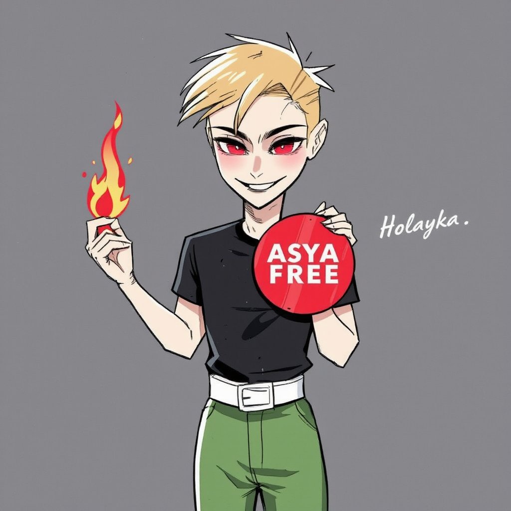 solo, smile, blonde hair, simple background, shirt, 1boy, short sleeves, male focus, one eye closed, teeth, tongue, belt, sketch, black shirt, facial hair, fire, t-shirt. An animated portrait of a man in a black t-shirt and green pants with a white belt on his waist. The man is holding a red fire in his right hand and his left hand is raised in the air. His mouth is slightly open and he has a red smile on his face. His hair is short and brown. The background is a dark gray color.

he holds a red disk in his hands, on which "Asya FREE" is written in white letters.


,art_solyanka, watercolor,painting,paper texture,watercolor paper,sketch,colored pencil,hhstyle,fantasy_master_05