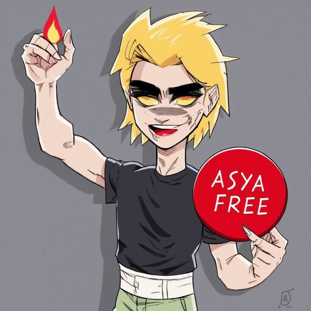 solo, smile, blonde hair, simple background, shirt, 1boy, short sleeves, male focus, one eye closed, teeth, tongue, belt, sketch, black shirt, facial hair, fire, t-shirt. An animated portrait of a man in a black t-shirt and green pants with a white belt on his waist. The man is holding a red fire in his right hand and his left hand is raised in the air. His mouth is slightly open and he has a red smile on his face. His hair is short and brown. The background is a dark gray color.

he holds a red disk in his hands, on which "Asya FREE" is written in white letters.


,art_solyanka, watercolor,painting,paper texture,watercolor paper,sketch,colored pencil,hhstyle,fantasy_master_05