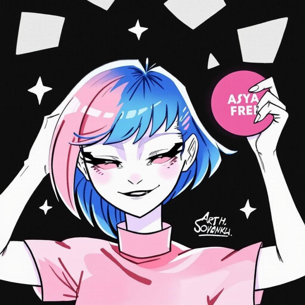 1girl, solo, blush, short hair, bangs, blue hair, closed eyes, upper body, pink hair, multicolored hair, artist name, gradient hair, freckles, An animated image of a girl with blue hair, a white face, and a pink shirt. The girl is holding a pink disc with the word "Asya FREE" written on it in white letters. Her hands are raised in the air. The background is black with white triangle shapes on it.


,art_solyanka, watercolor,painting,paper texture,watercolor paper,sketch,colored pencil,hhstyle,fantasy_master_05