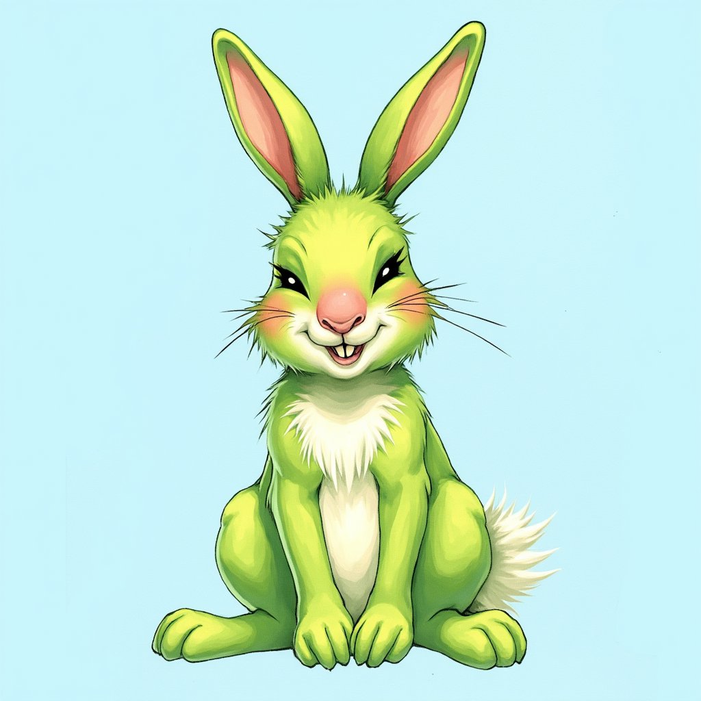 solo, smile, simple background, full body, teeth, a stylized hare, acid green in color, with a pink round muzzle, with narrow black slanted eyes without pupils, a smile from ear to ear with sharp sawtooth teeth, a cute baby blush on his cheeks, the hare sits in a pose like a human, looks more like a needle than a real hare \(creature\), no humans, blue background, blush stickers, sharp teeth,art_solyanka, watercolor,painting,paper texture,watercolor paper,sketch,colored pencil