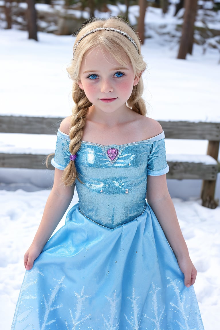 An adorable (8_year_old:1.2) English girl dressed as Elsa from Frozen, Her lips are soft and full. Her expression is wistful. looking at viewer, lifting skirt