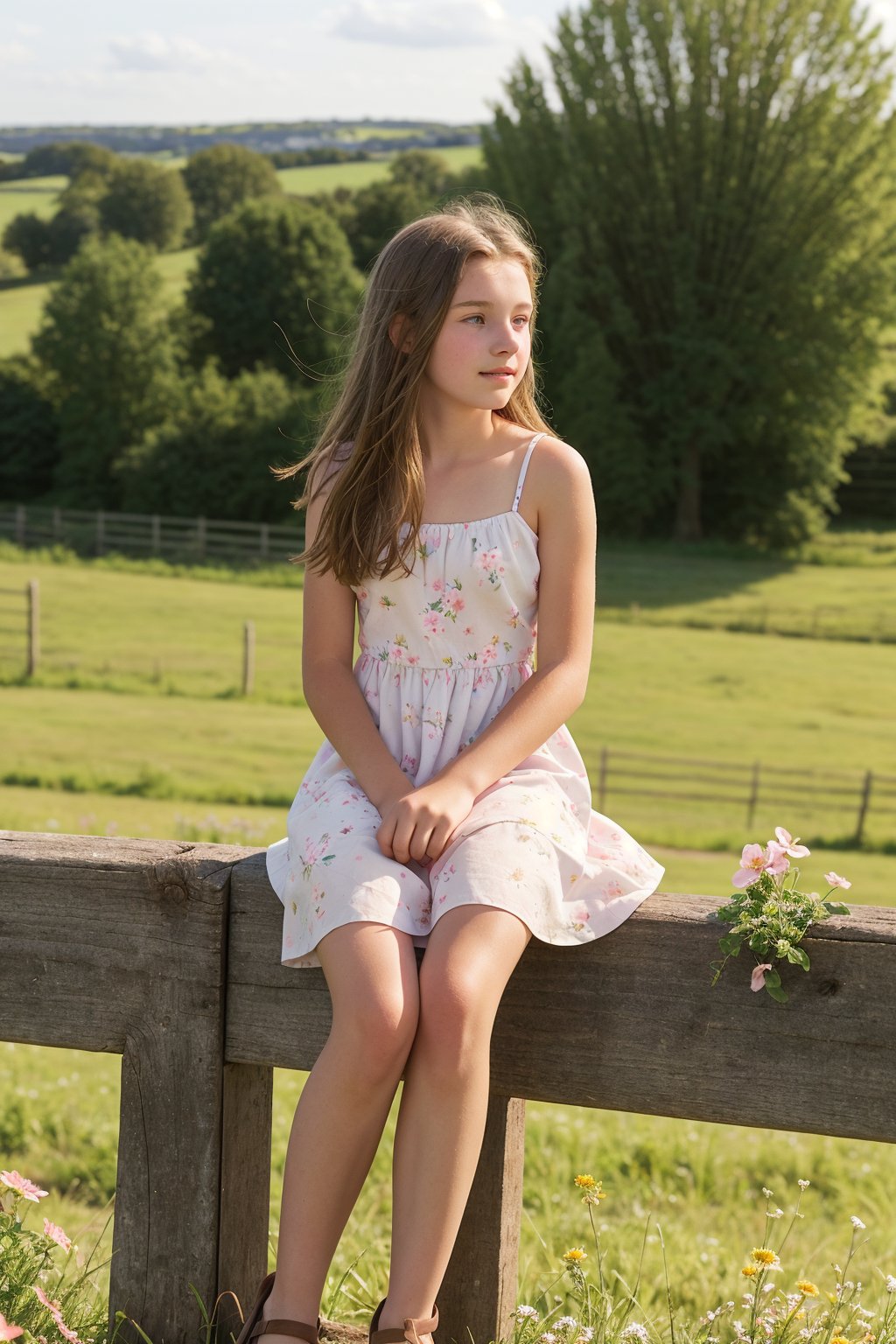 An adorable (15_year_old:1.2) English girl sitting on a fence in the countryside. The wind is blowing her thin short flowery summer dress. Her lips are soft and full. Her expression is wistful. 