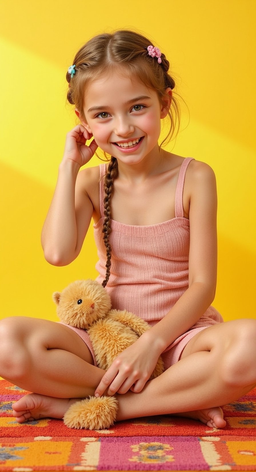 A tween girl posing playfully, her fitted dress accentuating a cheeky charm. Framed against a bright, sunny background with soft, golden lighting casting a warm glow. She sits cross-legged on a colorful rug, one hand holding a stuffed animal, the other playing with her curly locks. A mischievous grin spreads across her face, and her eyes sparkle with youthful energy.