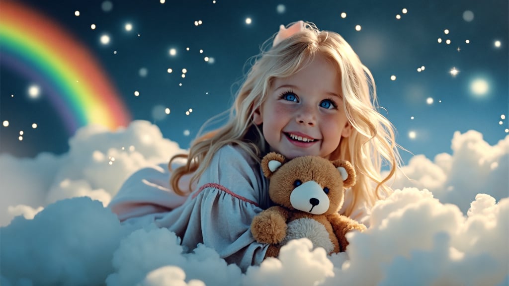 Soft focus captures a whimsical scene: a 9-year-old blonde girl, bright blue eyes aglow, lies on fluffy white clouds in the starry night sky. Her loose-fitting nightie flows like mist as she clings to her teddy bear, surrounded by a brilliant rainbow and twinkling stars. The atmosphere is playful and carefree, with the girl's joyful expression radiating happiness against a dreamy, soft-lit backdrop of swirling clouds and celestial magic.