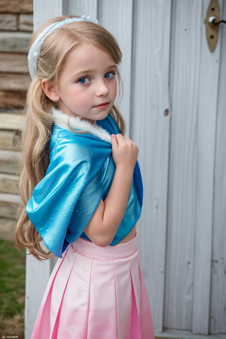 An adorable (8_year_old:1.2) English girl dressed as Elsa from Frozen, Her lips are soft and full. Her expression is wistful. looking at viewer, lifting skirt