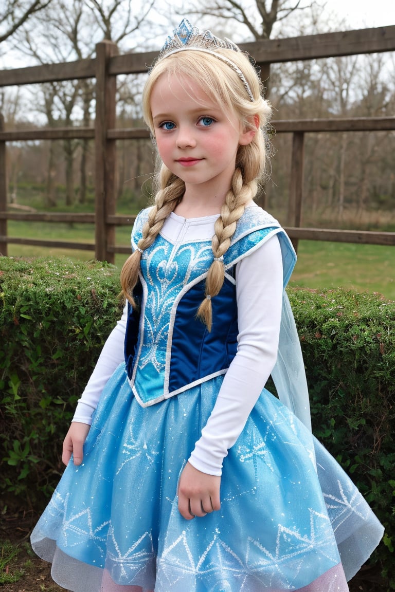 An adorable (8_year_old:1.2) English girl dressed as Elsa from Frozen, Her lips are soft and full. Her expression is wistful. looking at viewer, lifting skirt